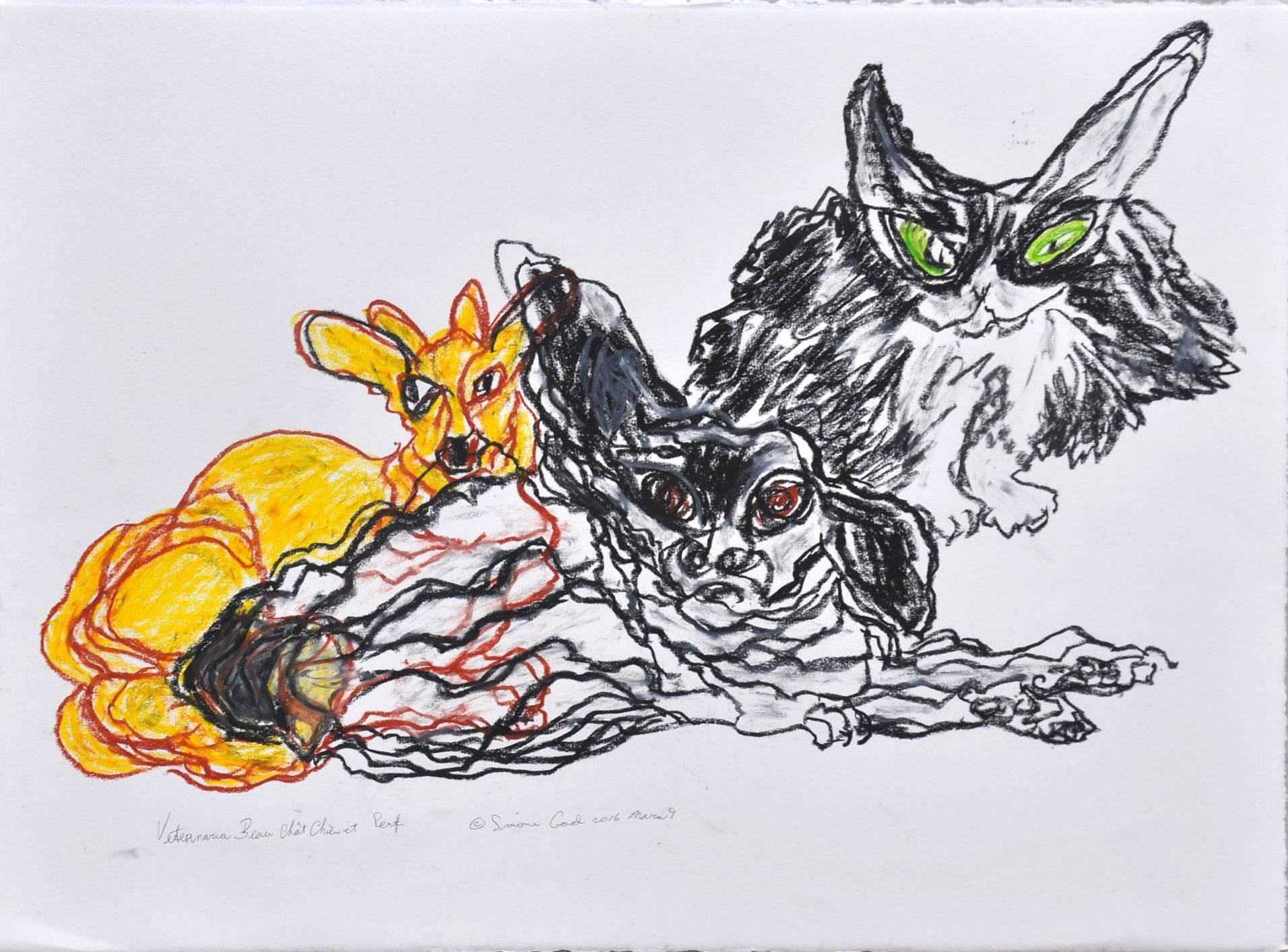 Simone Gad Abstract Drawing - Veterenia Chat Chien Et Cerf-Amis