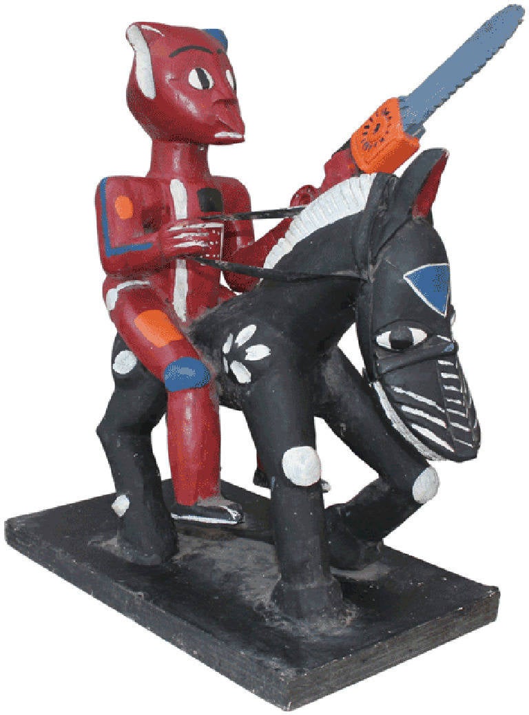 Abstract Sculpture Camara Demba - Cavalier avec scie à chaîne