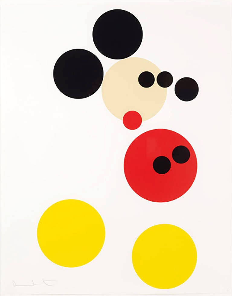 In 2009, Damien Hirst was invited by Disney to create an artwork inspired by Mickey Mouse in his own unique artistic language. A playful reinterpretation of the artist’s own signature spot paintings, with its elemental composition and bold colors,