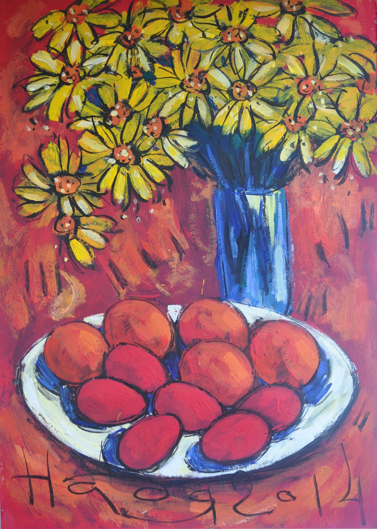 Still life, Yellow Flowers in Red
