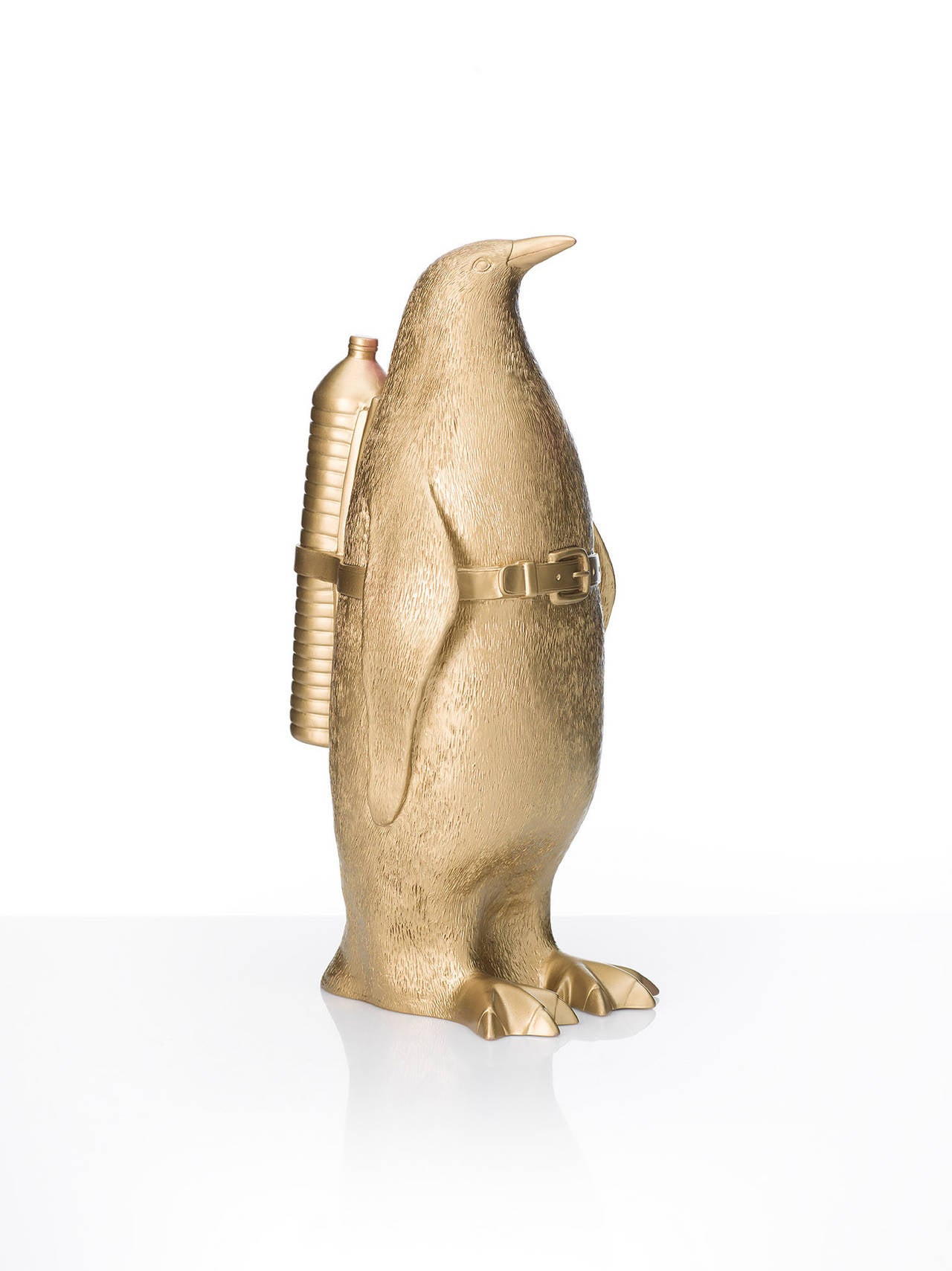 William Sweetlove Figurative Sculpture - Small cloned Penguin with water bottle.