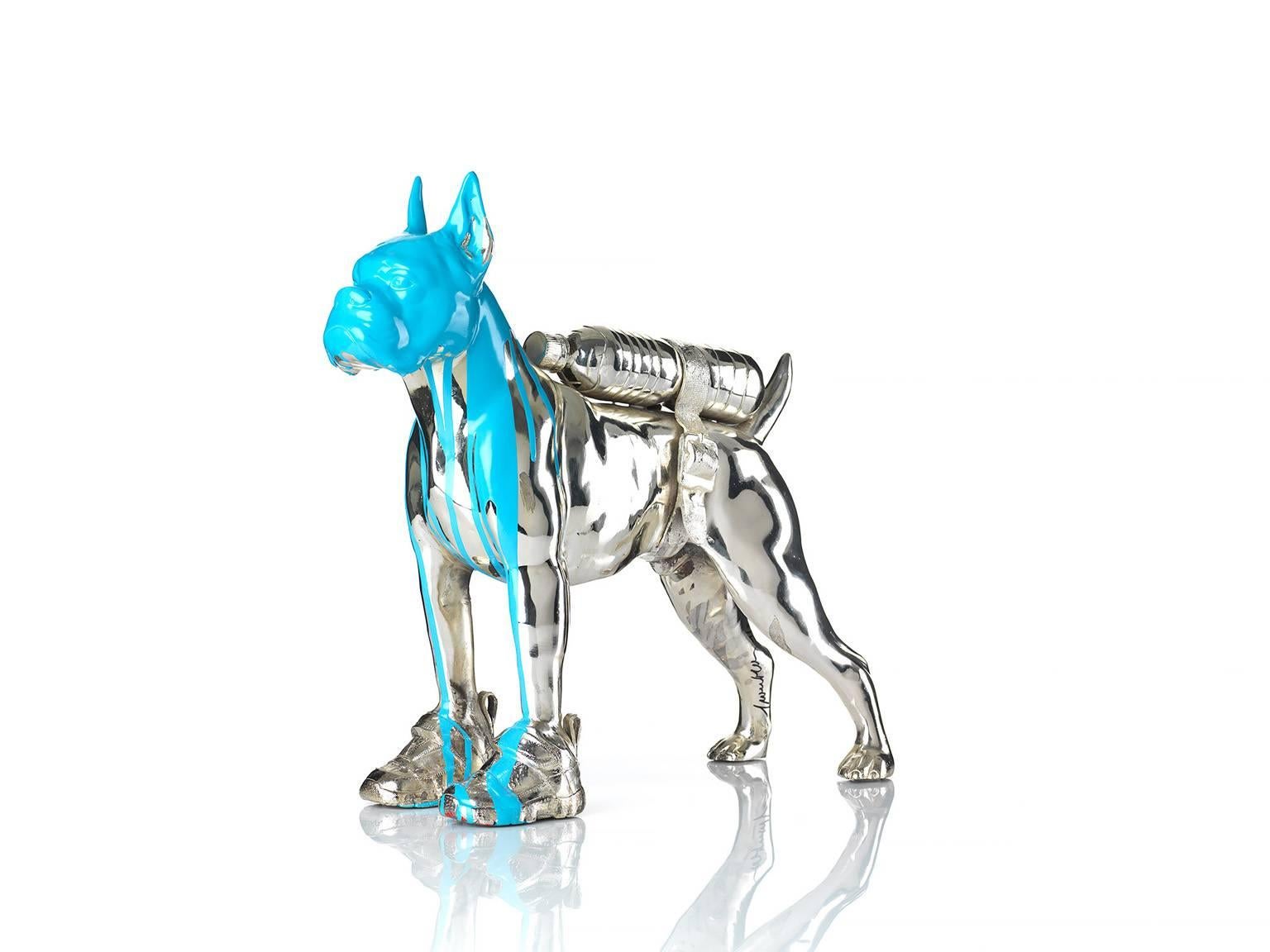 William Sweetlove Figurative Sculpture - Cloned Bulldog with pet bottle. 