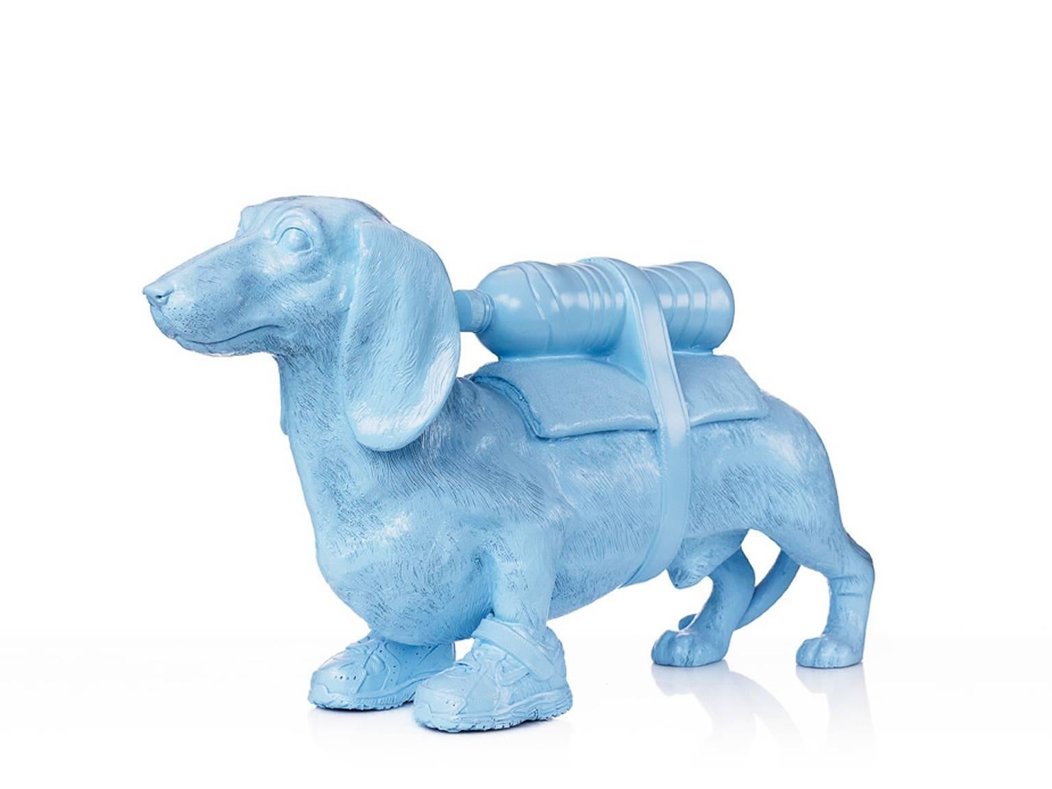 William Sweetlove Figurative Sculpture - Cloned Dachshund with pet bottle. 