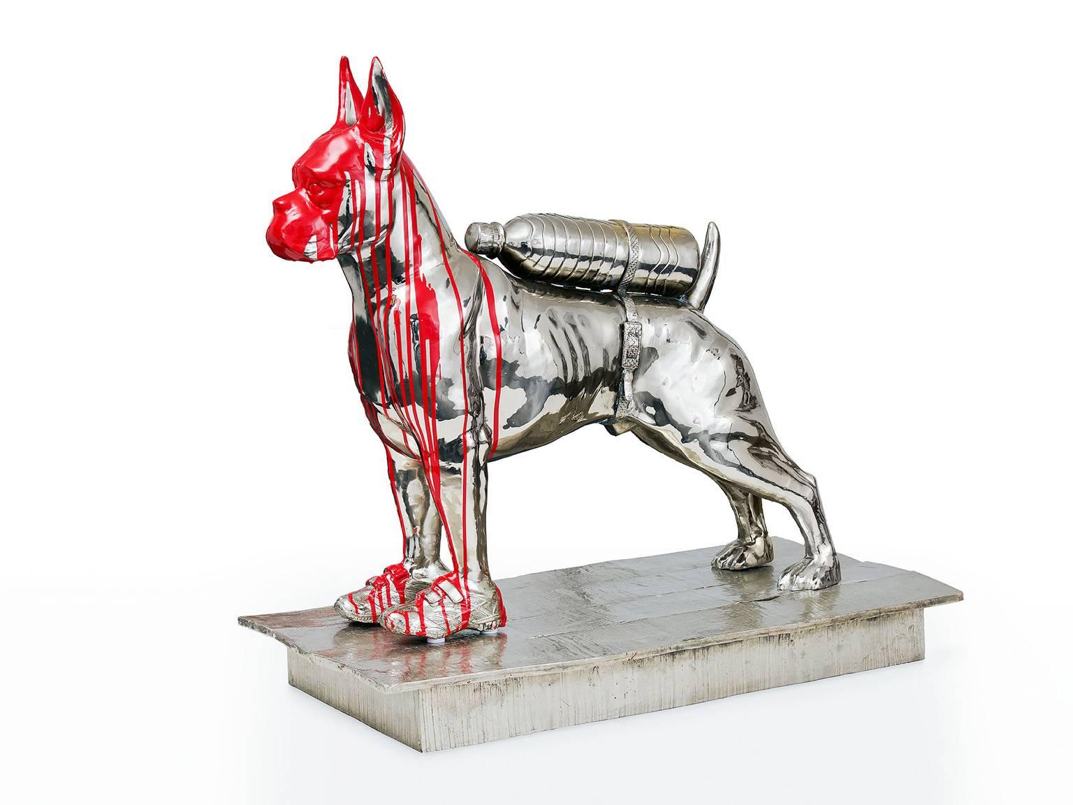 William Sweetlove Figurative Sculpture - Cloned Big Bulldog with pet bottle 