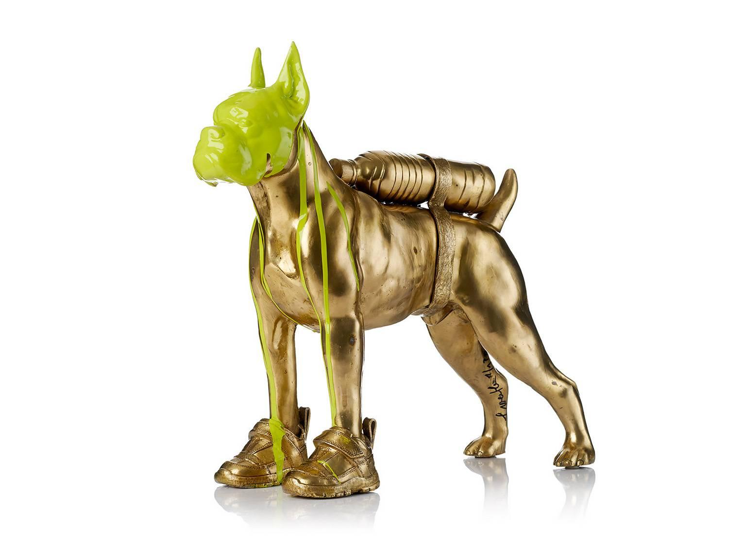 William Sweetlove Figurative Sculpture -  Cloned Bulldog with pet bottle.