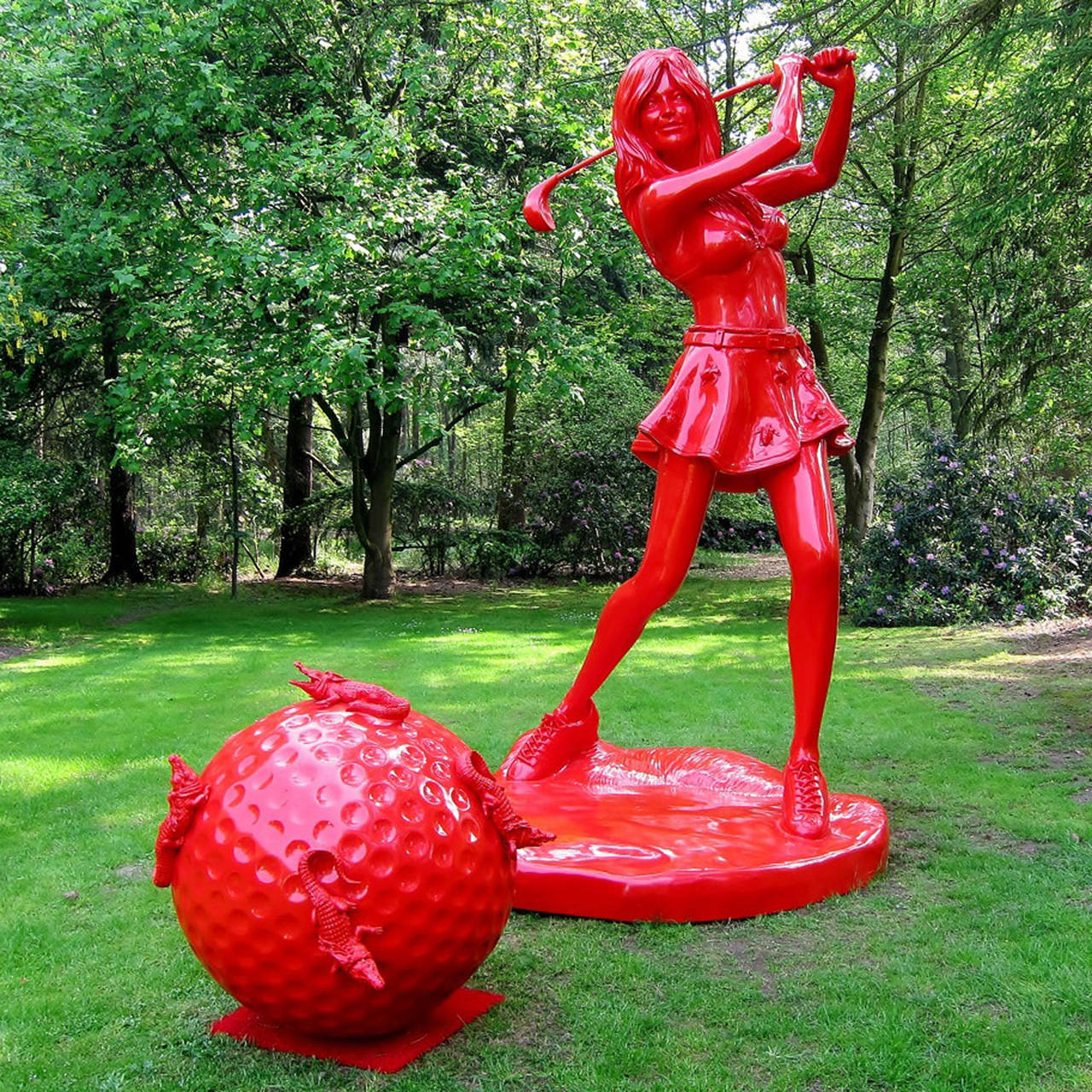 William Sweetlove Figurative Sculpture - Cloned Golf-girl with turtles &  Cloned golfball with crocodiles.