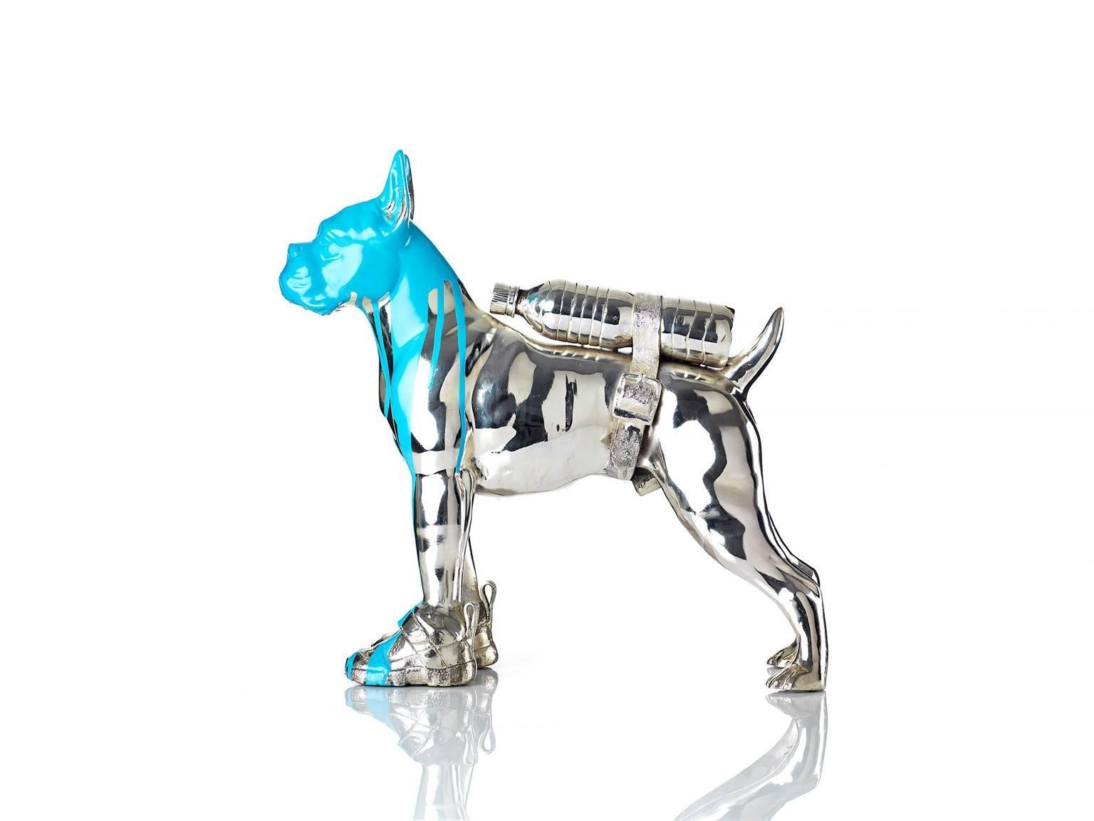 Cloned Bulldog with pet bottle.  - Sculpture by William Sweetlove