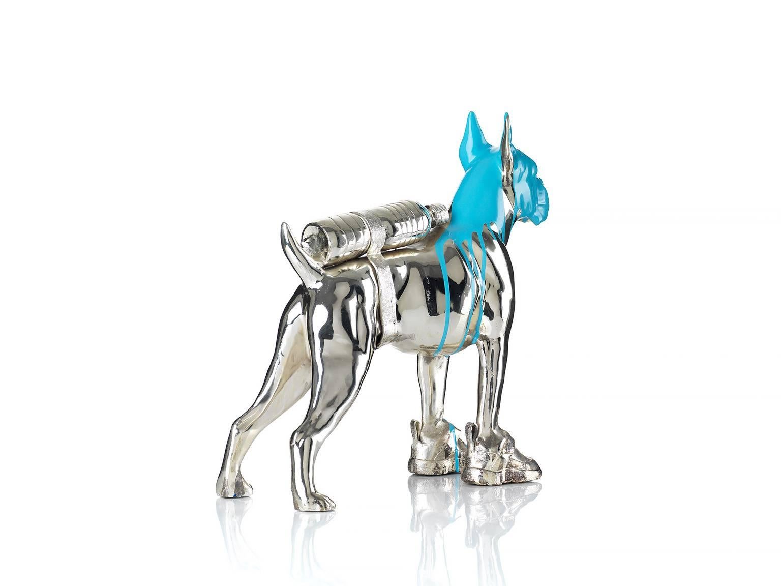 Cloned Bulldog with pet bottle.  - Gold Figurative Sculpture by William Sweetlove