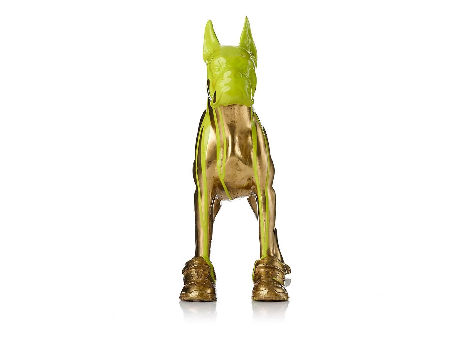  Cloned Bulldog with pet bottle. - Gold Figurative Sculpture by William Sweetlove