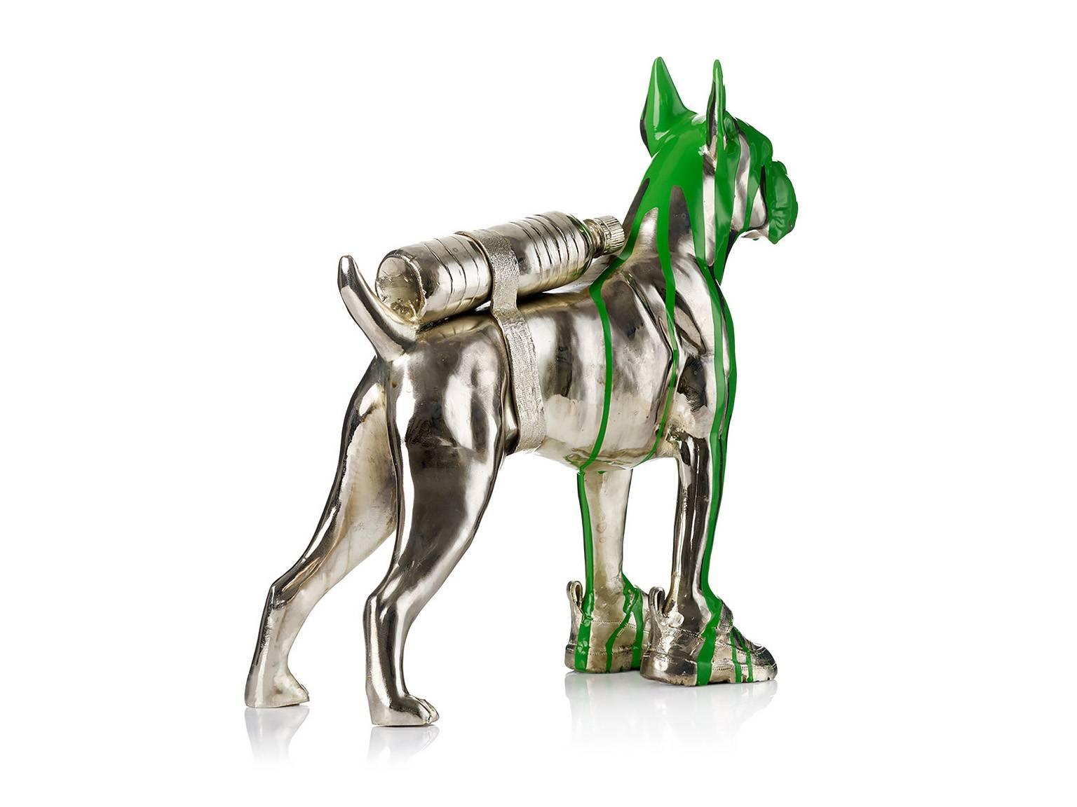 Cloned Bulldog with pet bottle - Gold Figurative Sculpture by William Sweetlove
