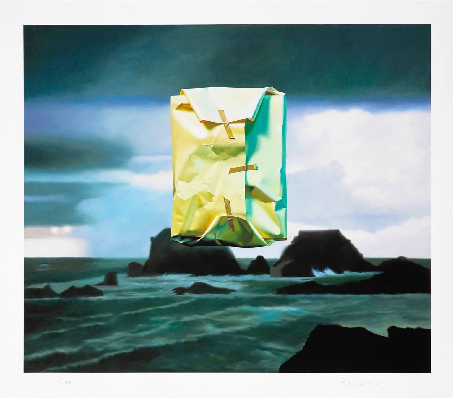 Flashlighted floated parcel in stormy ocean and sky - Print by Yrjö Edelmann