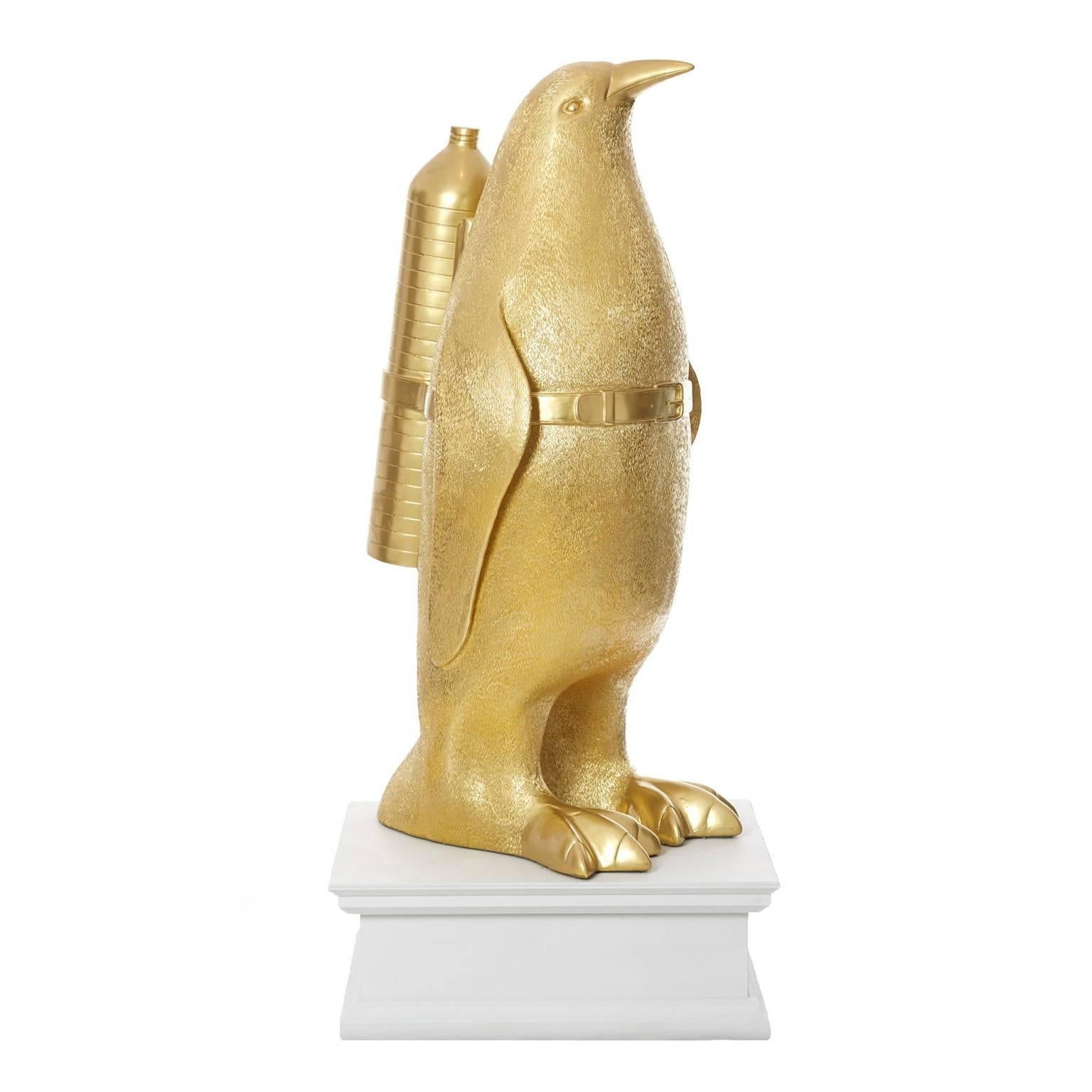 William Sweetlove Figurative Sculpture - Cloned gold Penguin with pet bottles 
