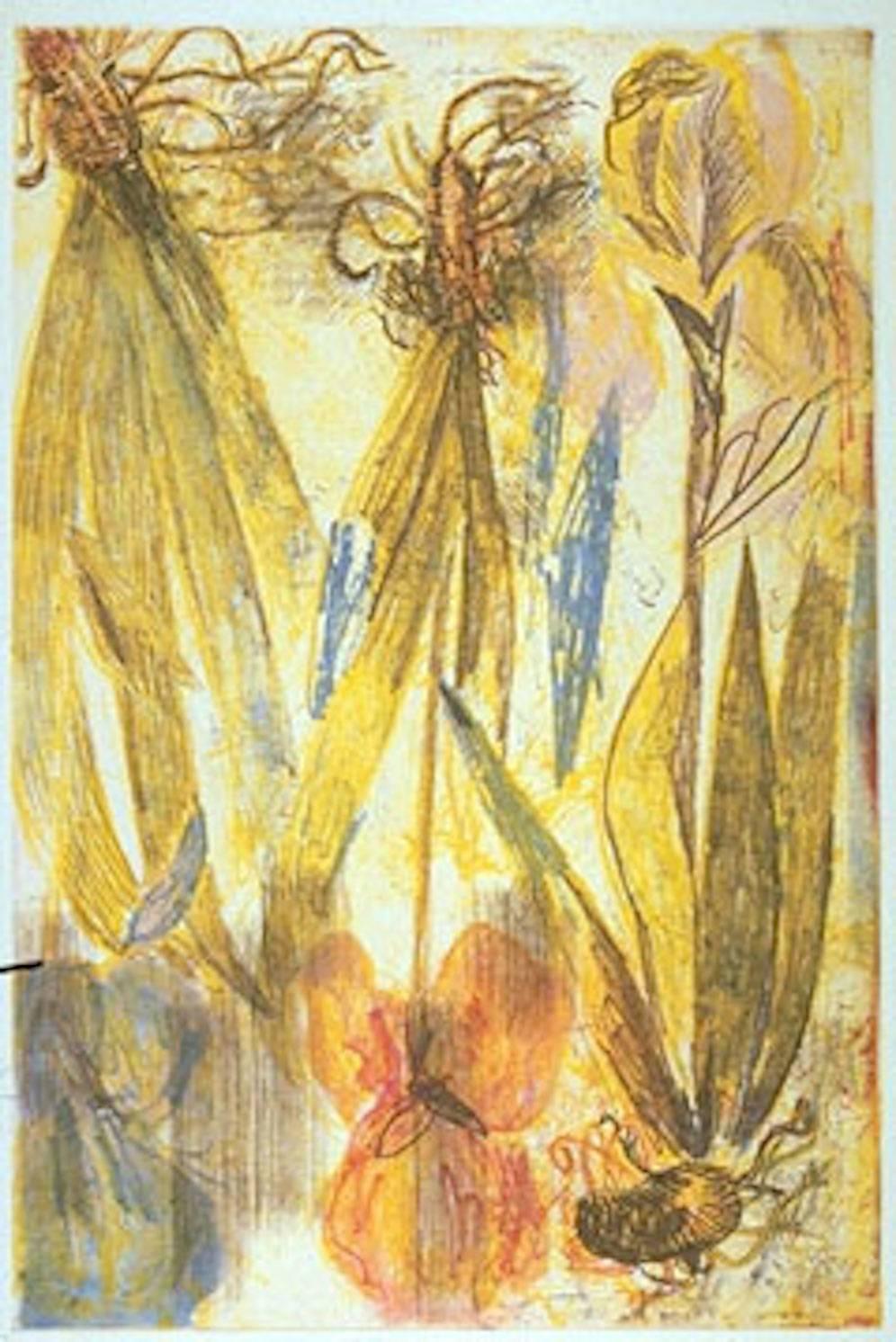 Roberto Juarez Still-Life Print – Drei Irisen im Rosenstil