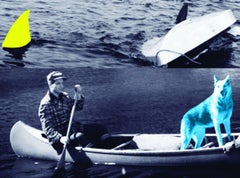 Homme, chien (bleu), canoë/escargots de chasse (un jaune), bateau surdimensionné