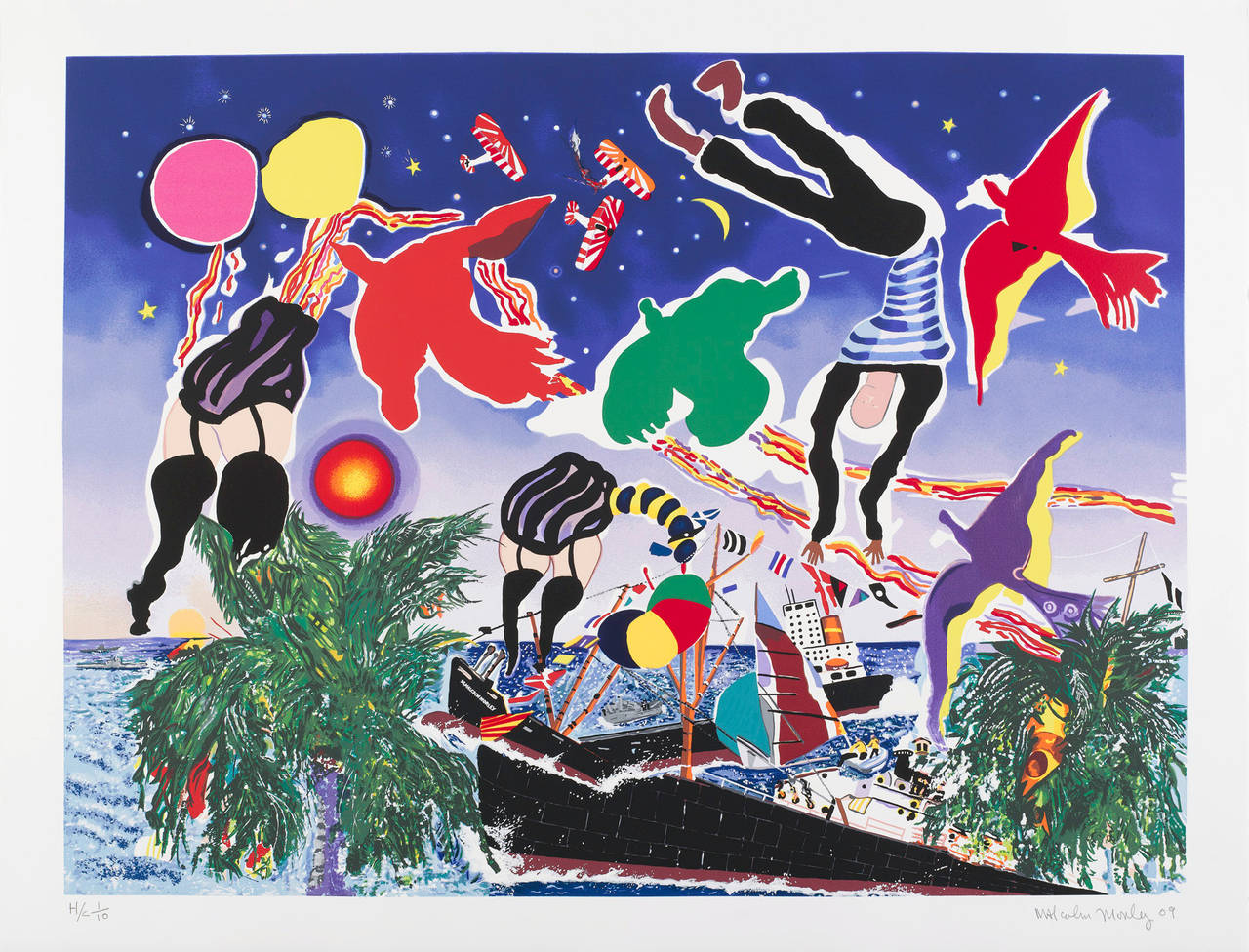 Tankerton Bay by Malcolm Morley (colorful print of birds and figures at the bay)