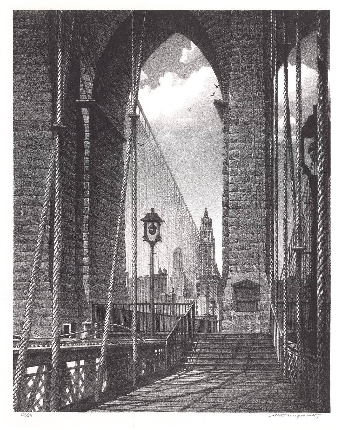 Stow Wengenroth Landscape Print - High Arches, Brooklyn Bridge.