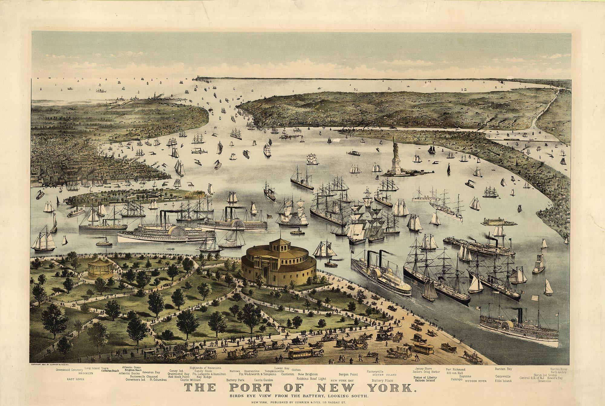 The Port of New York.  Birds Eye View from the Battery Looking South. - Print by Unknown