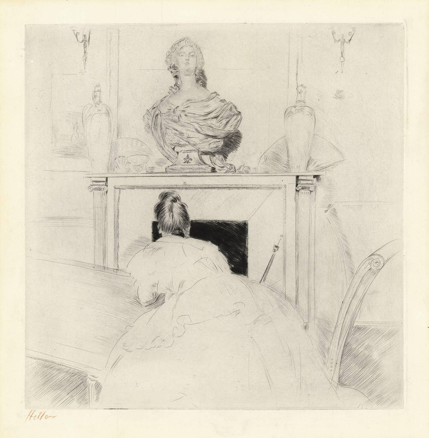 Paul César Helleu Figurative Print - Mme. Helleu by the Fireplace