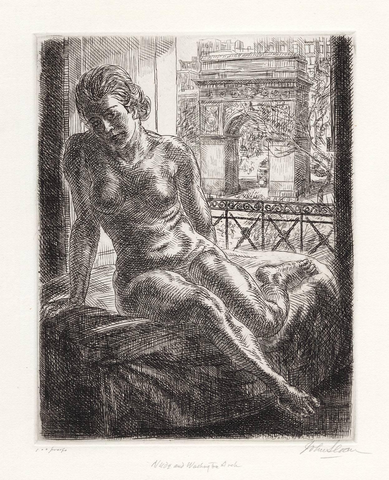 John Sloan Figurative Print - Nude and Washington Arch. (Nude and Arch).