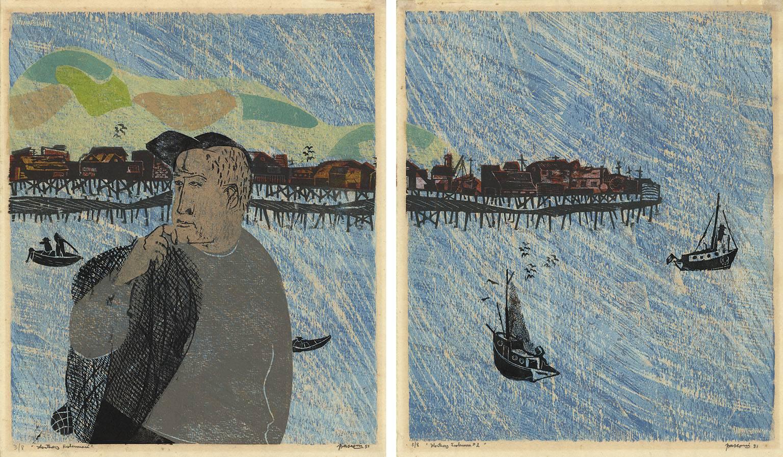 Antonio Frasconi Landscape Print - Monterey Fisherman [and] Monterey Fisherman 2.