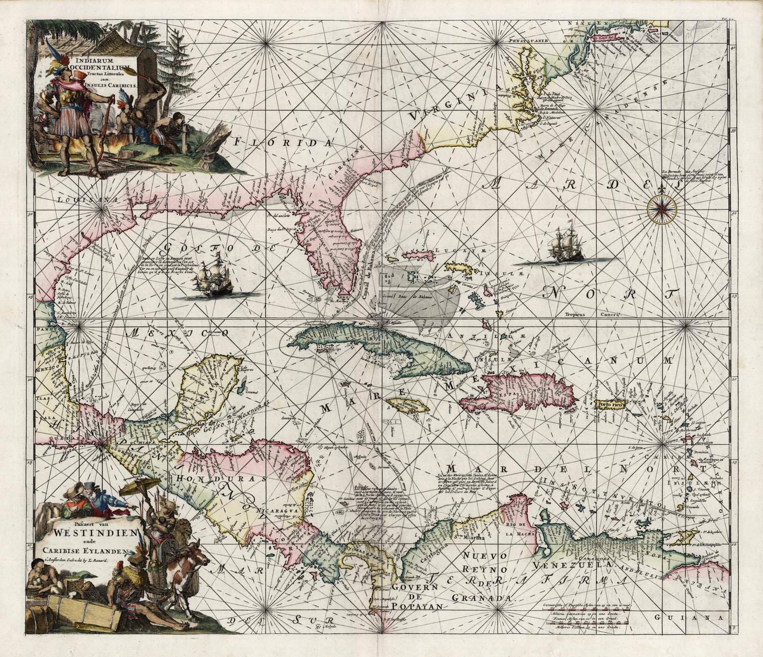 Louis Renard Print - Indiarum Occidentalium Tractus Littorales cum Insulis Caribicis / Pascaert van W