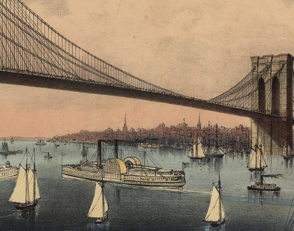 The Great East River Suspension Bridge.  : Connecting the Cities of New York... - American Realist Print by Unknown