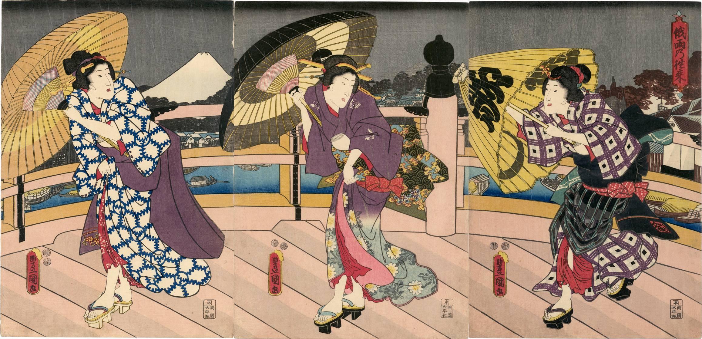 Utagawa Kunisada (Toyokuni III) Figurative Print - Japanese Beauties with Umbrellas on Bridge