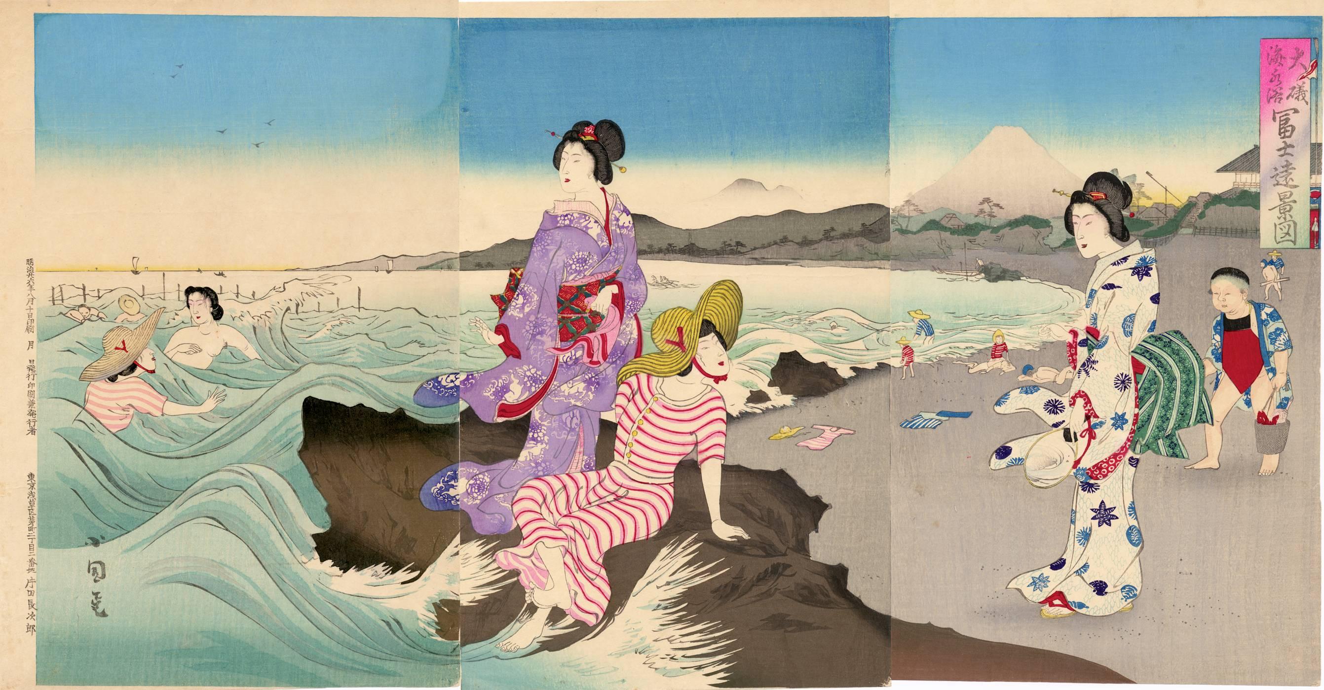 Utagawa Kokunimasa Landscape Print - Swimming At Oiso, Distant View of Mount Fuji
