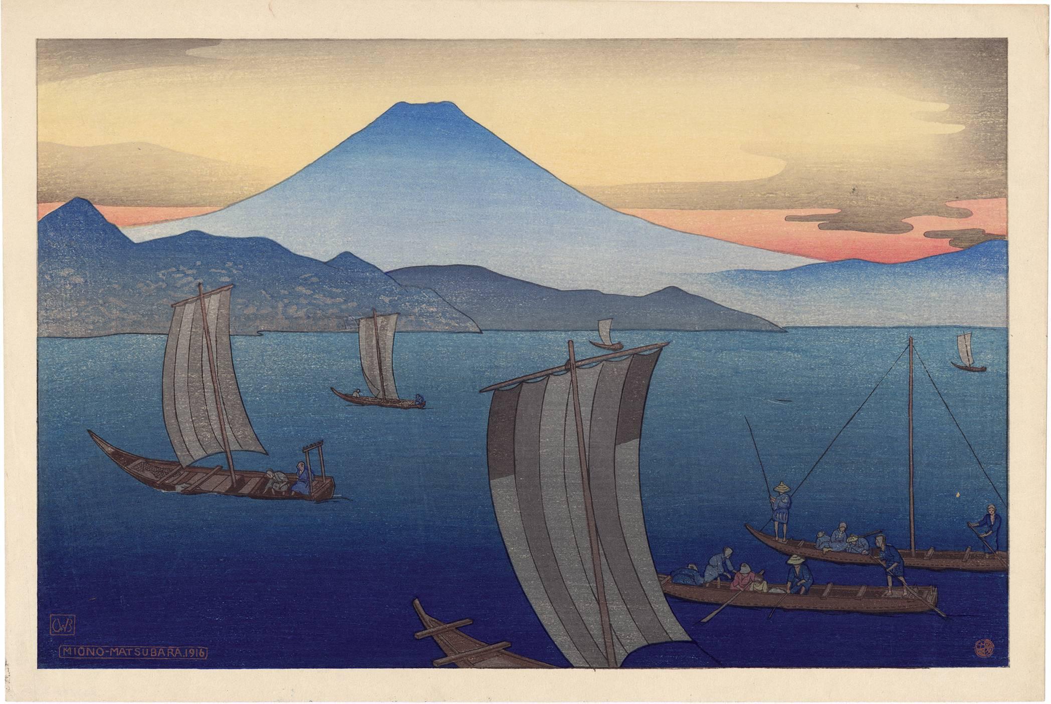 Charles W. Bartlett Landscape Print - Miono-Matsubara: Mount Fuji at Sunset