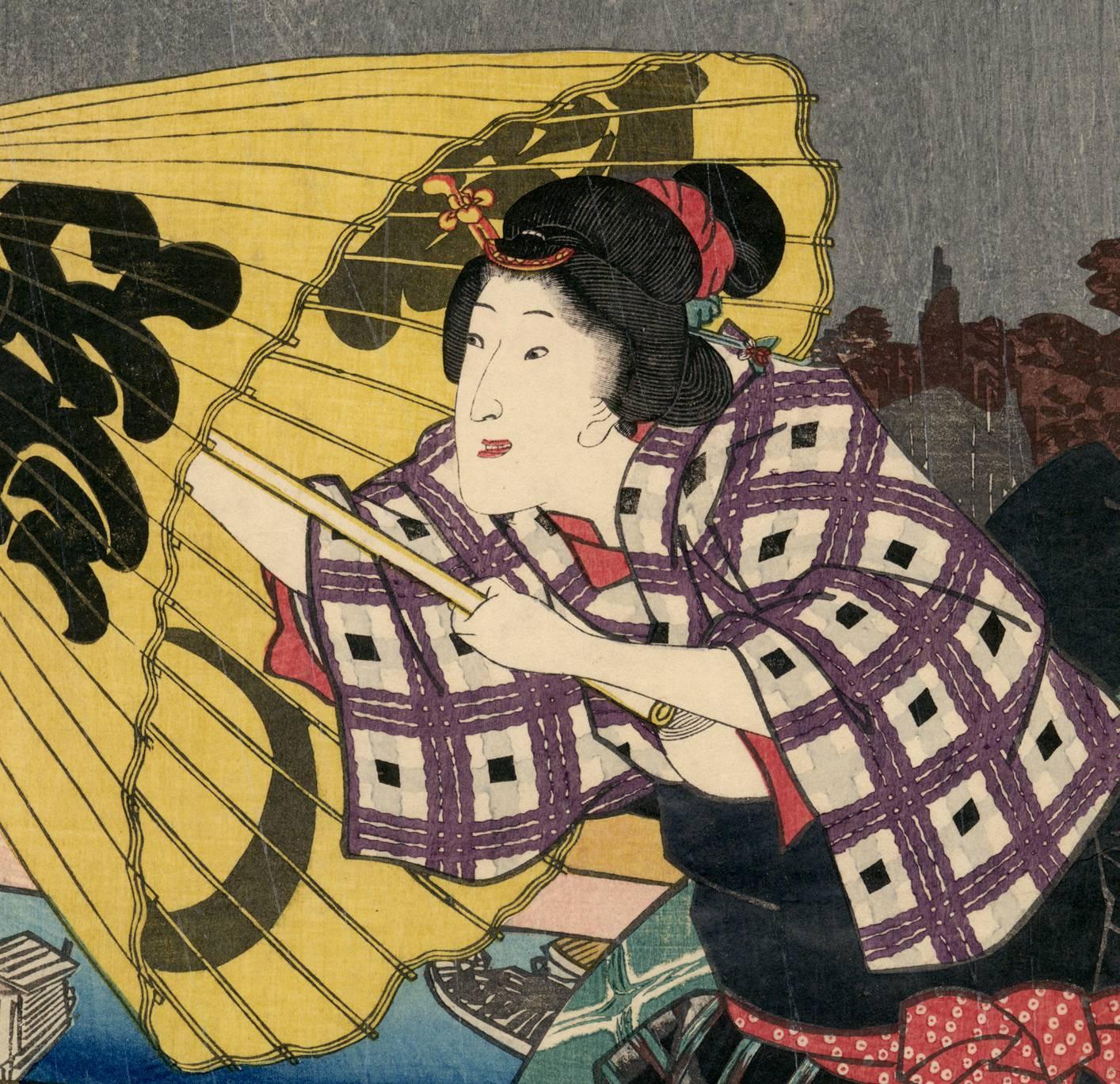 Japanese Beauties with Umbrellas on Bridge - Print by Utagawa Kunisada (Toyokuni III)