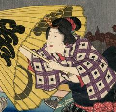 Japanese Beauties with Umbrellas on Bridge
