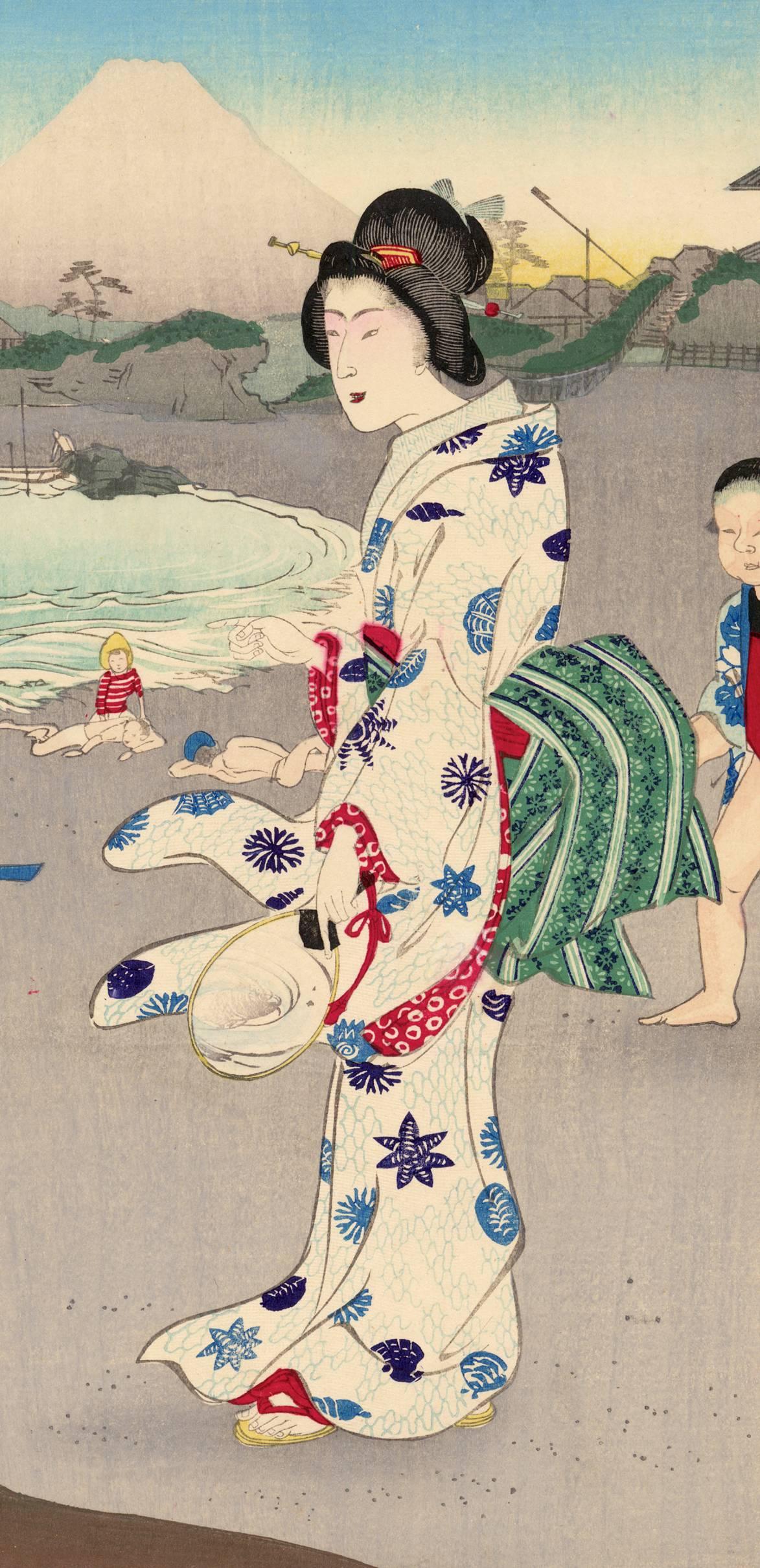 Swimming At Oiso, Distant View of Mount Fuji - Edo Print by Utagawa Kokunimasa
