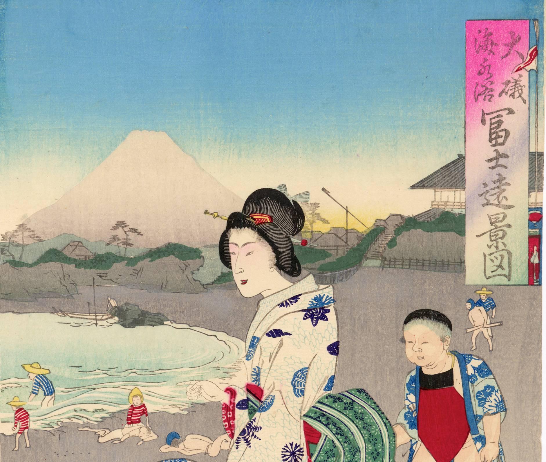 Swimming At Oiso, Distant View of Mount Fuji - Gray Landscape Print by Utagawa Kokunimasa