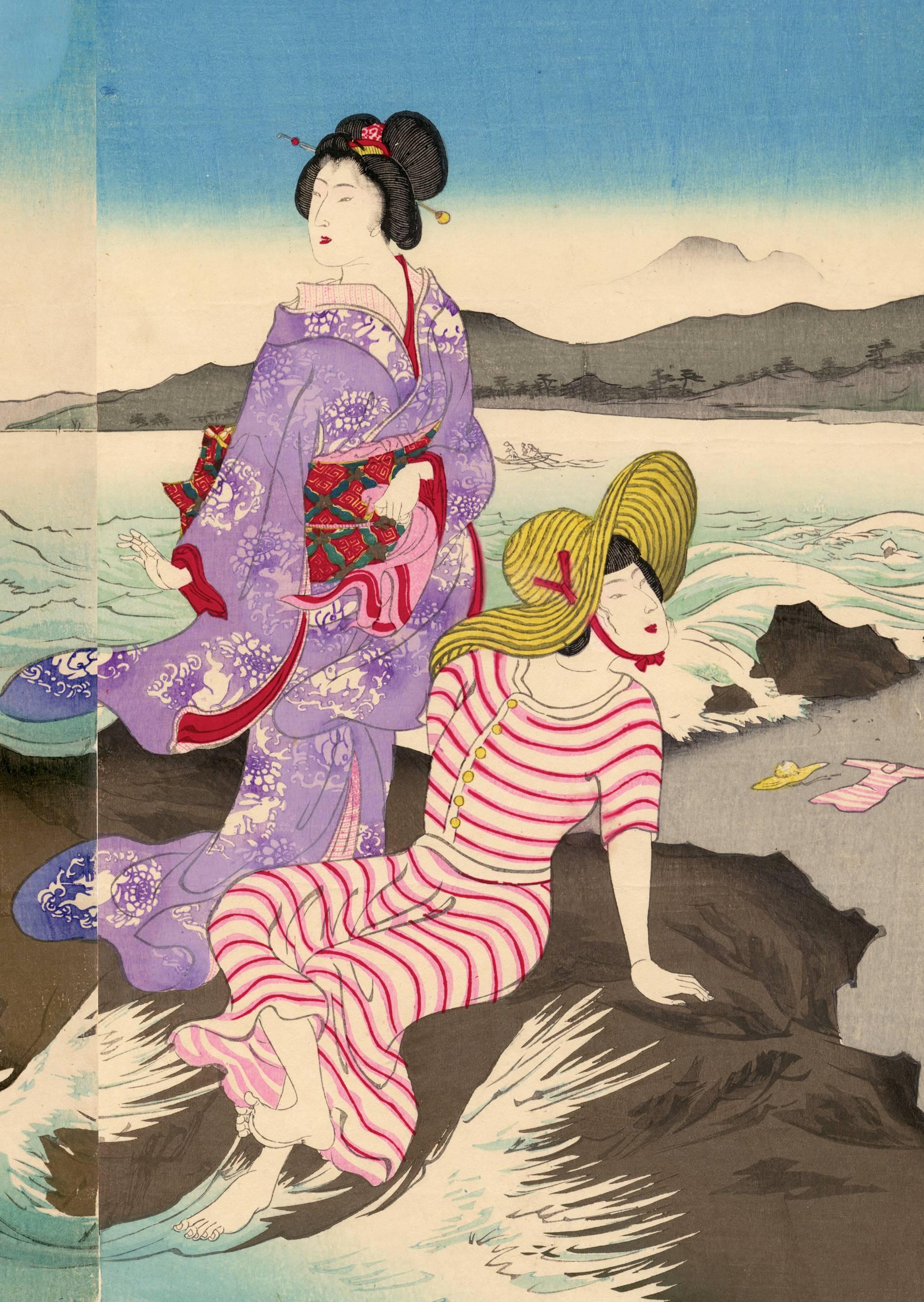 Swimming At Oiso, Distant View of Mount Fuji - Print by Utagawa Kokunimasa