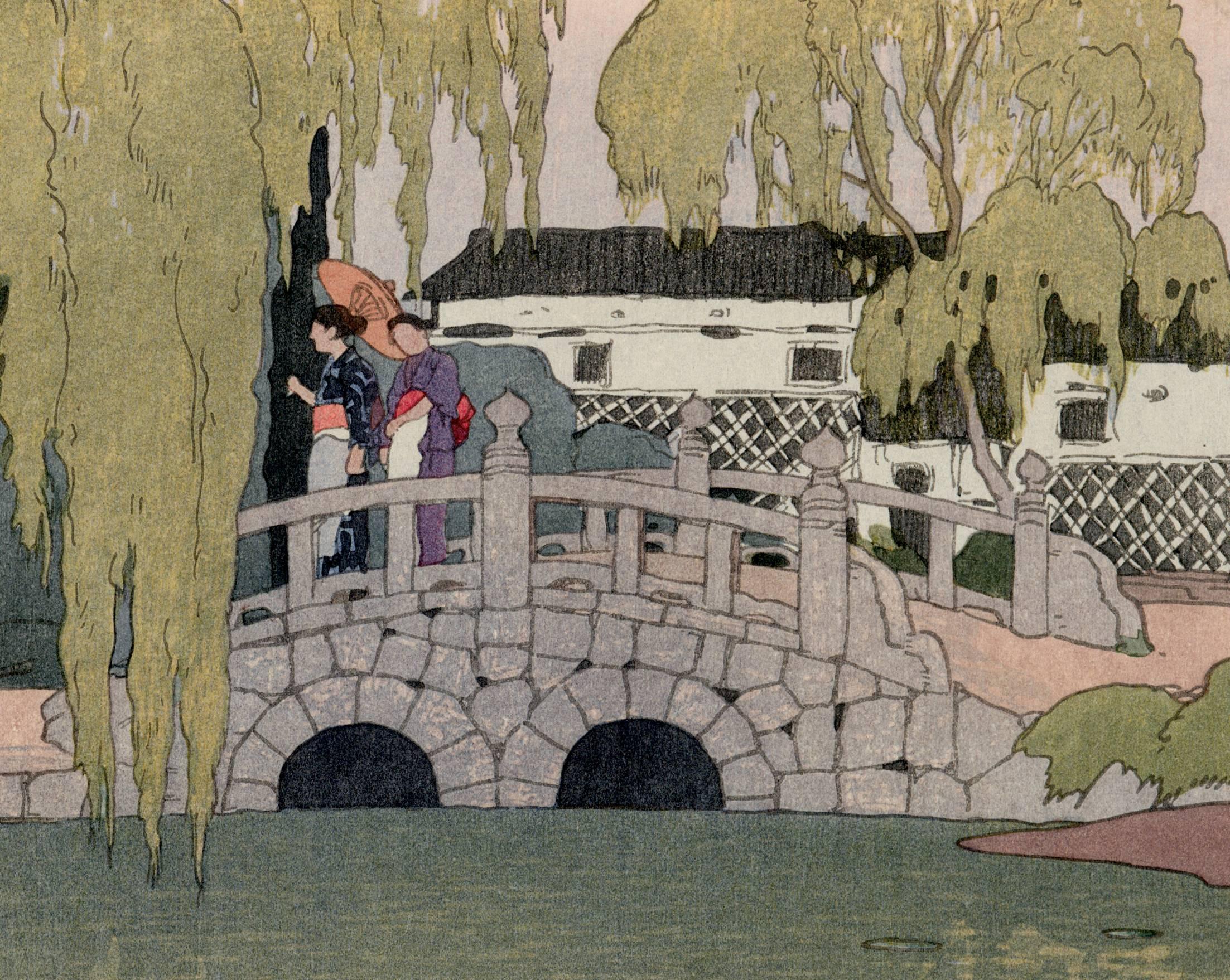 Japanese Willow and Stone Bridge - Print by Hiroshi Yoshida