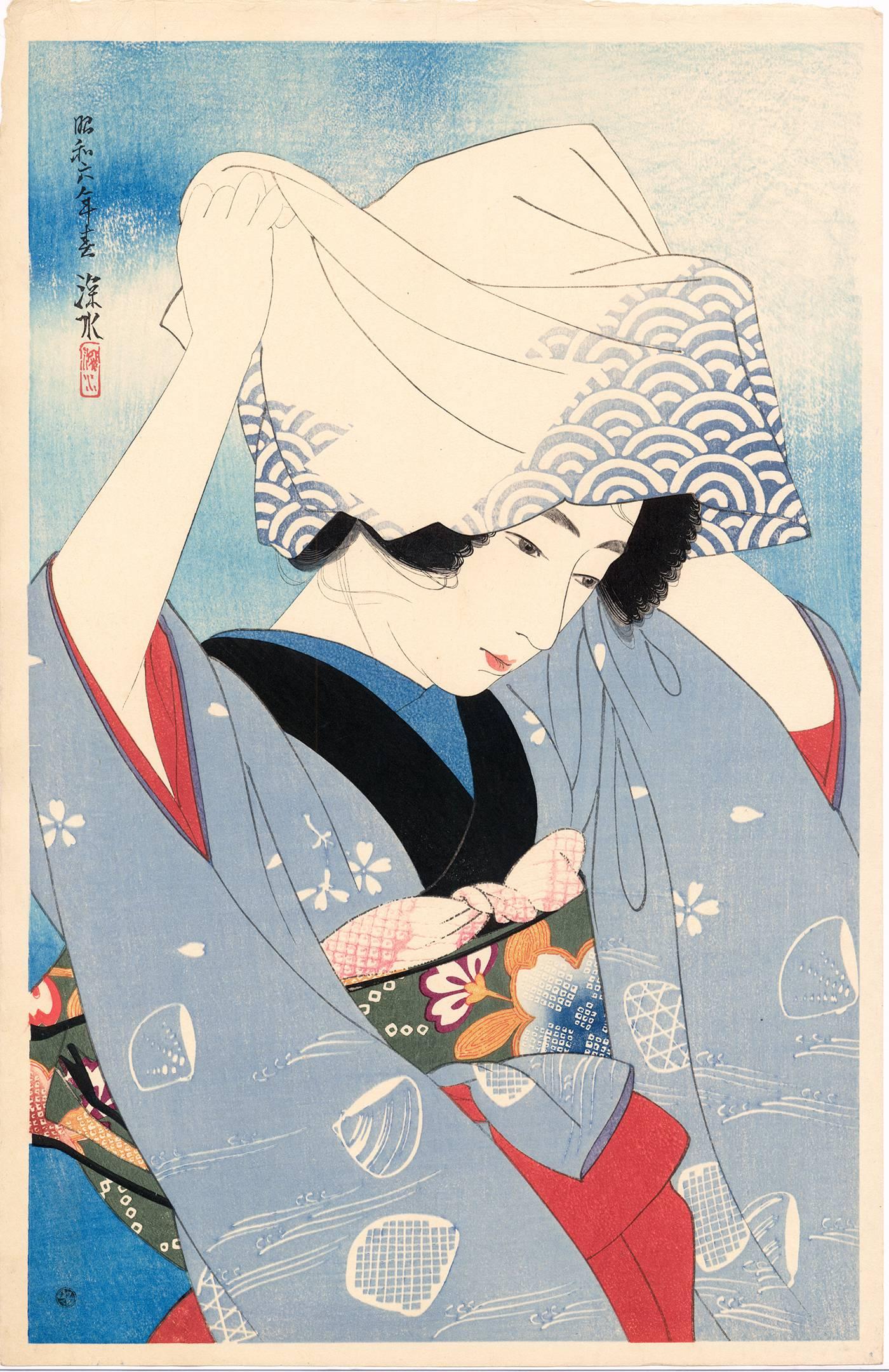 Ito Shinsui Figurative Print - Beauty Covering Her Hair (Gathering Shellfish: Shiohigari)