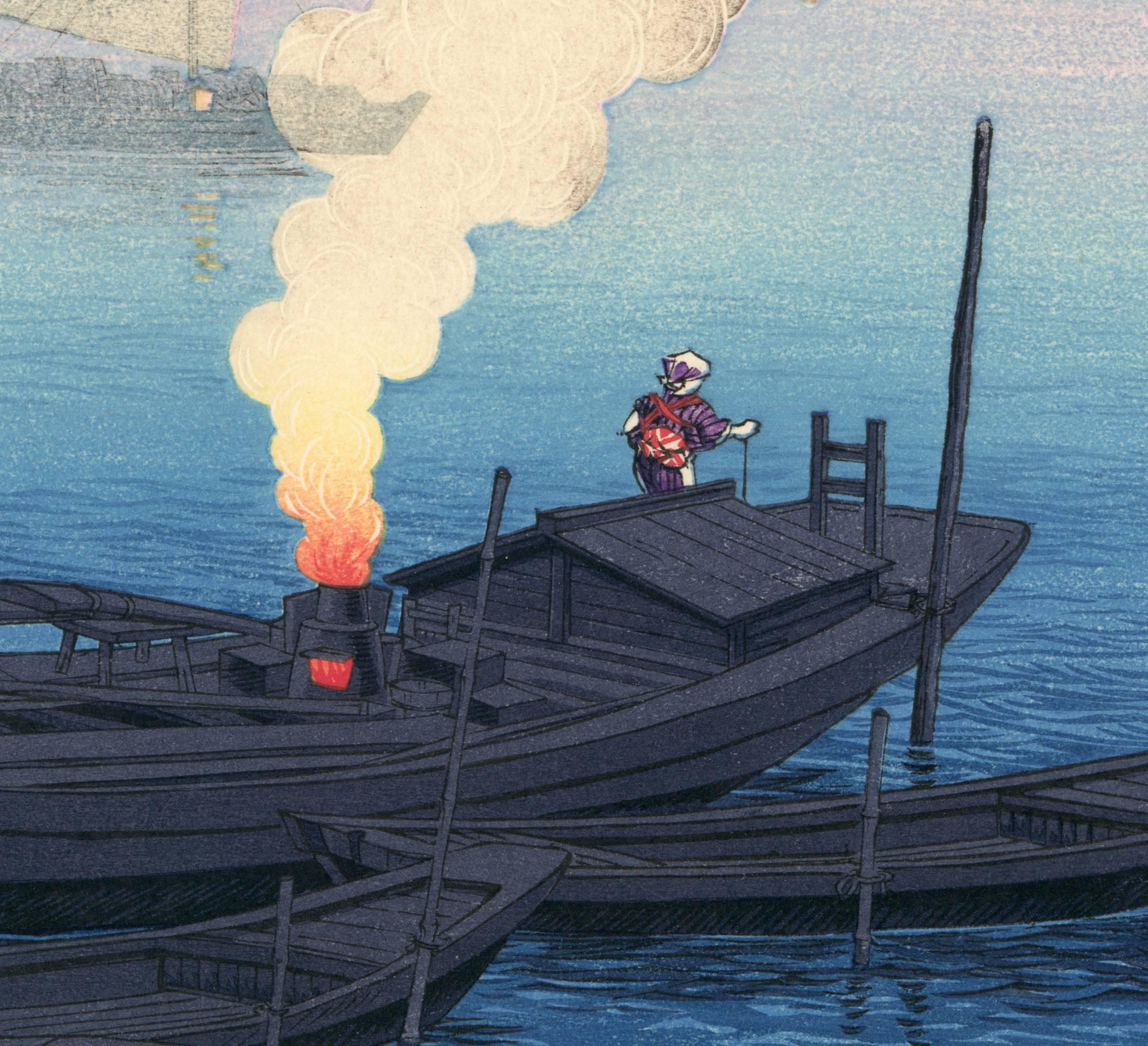 Original Japanese color woodblock print. A woman walks towards the bow of her boat, which rests against narrow pilings. A red-hot fire has been made in the middle of the craft, and the smoke billows up in embossed plumes. The background shows the
