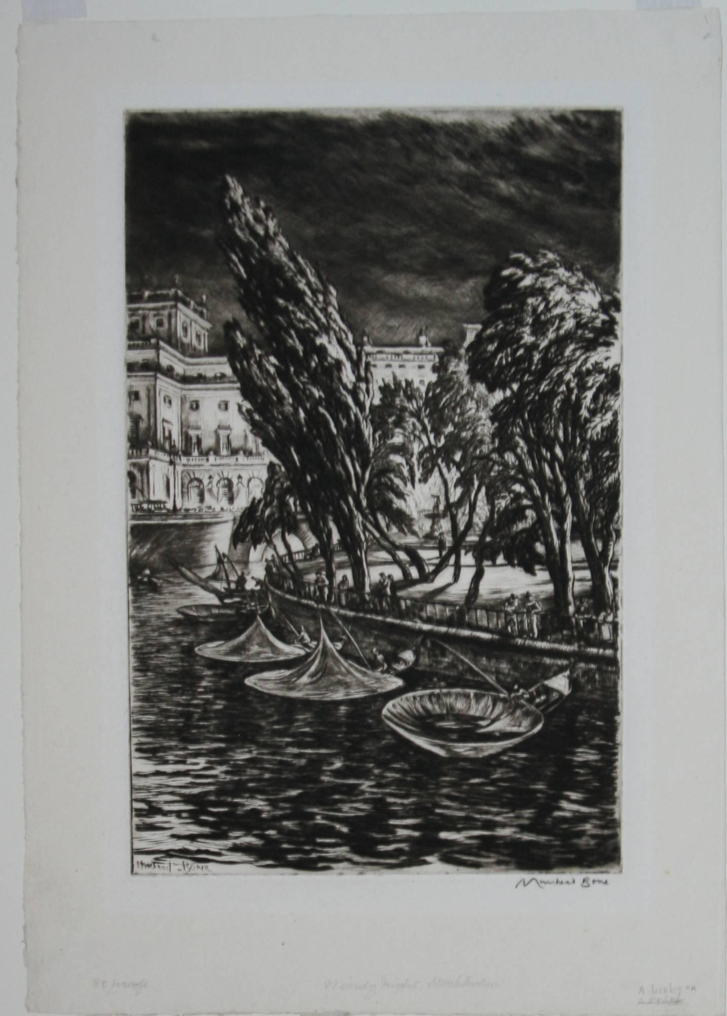 Noche ventosa, Estocolmo. - Print de Sir Muirhead Bone