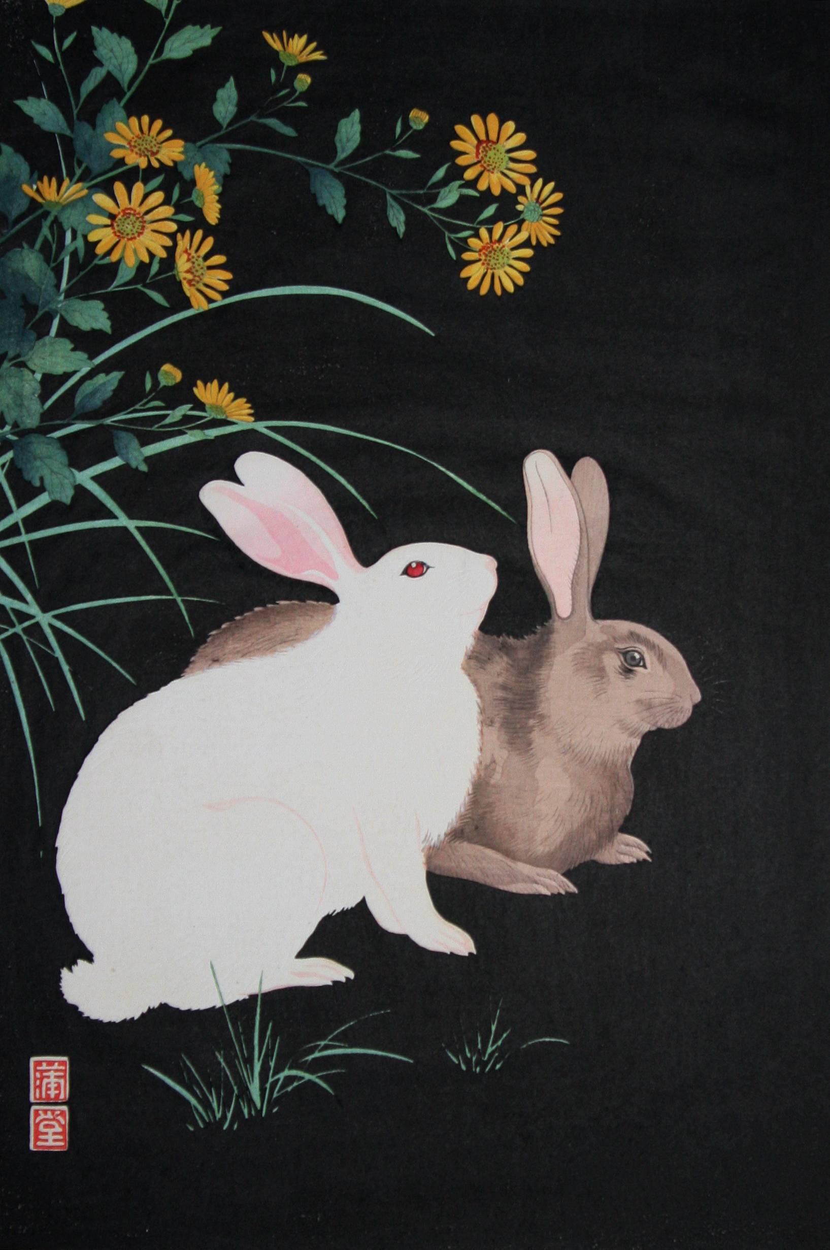 Nishimura Hodo Landscape Print - Two Rabbits at Night.