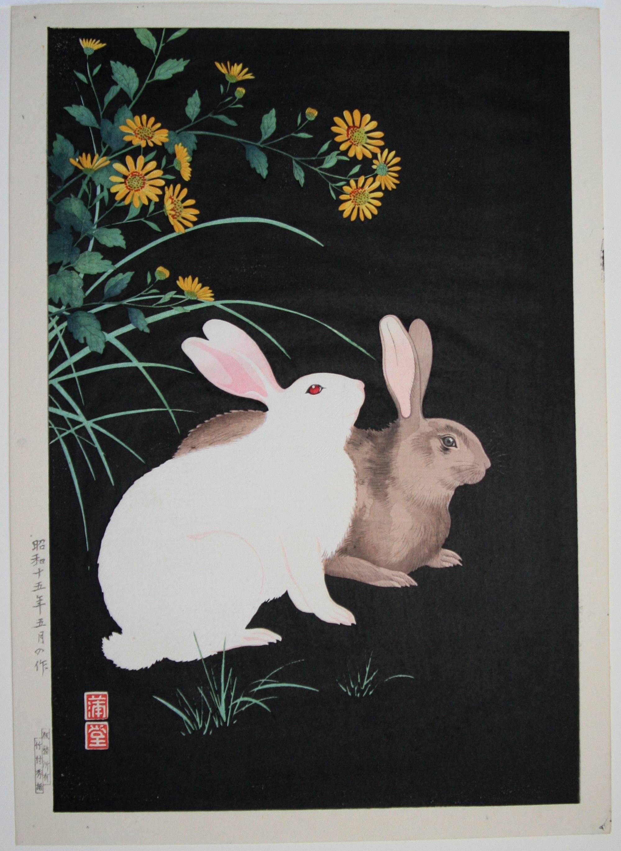 Two Rabbits at Night. - Print by Nishimura Hodo