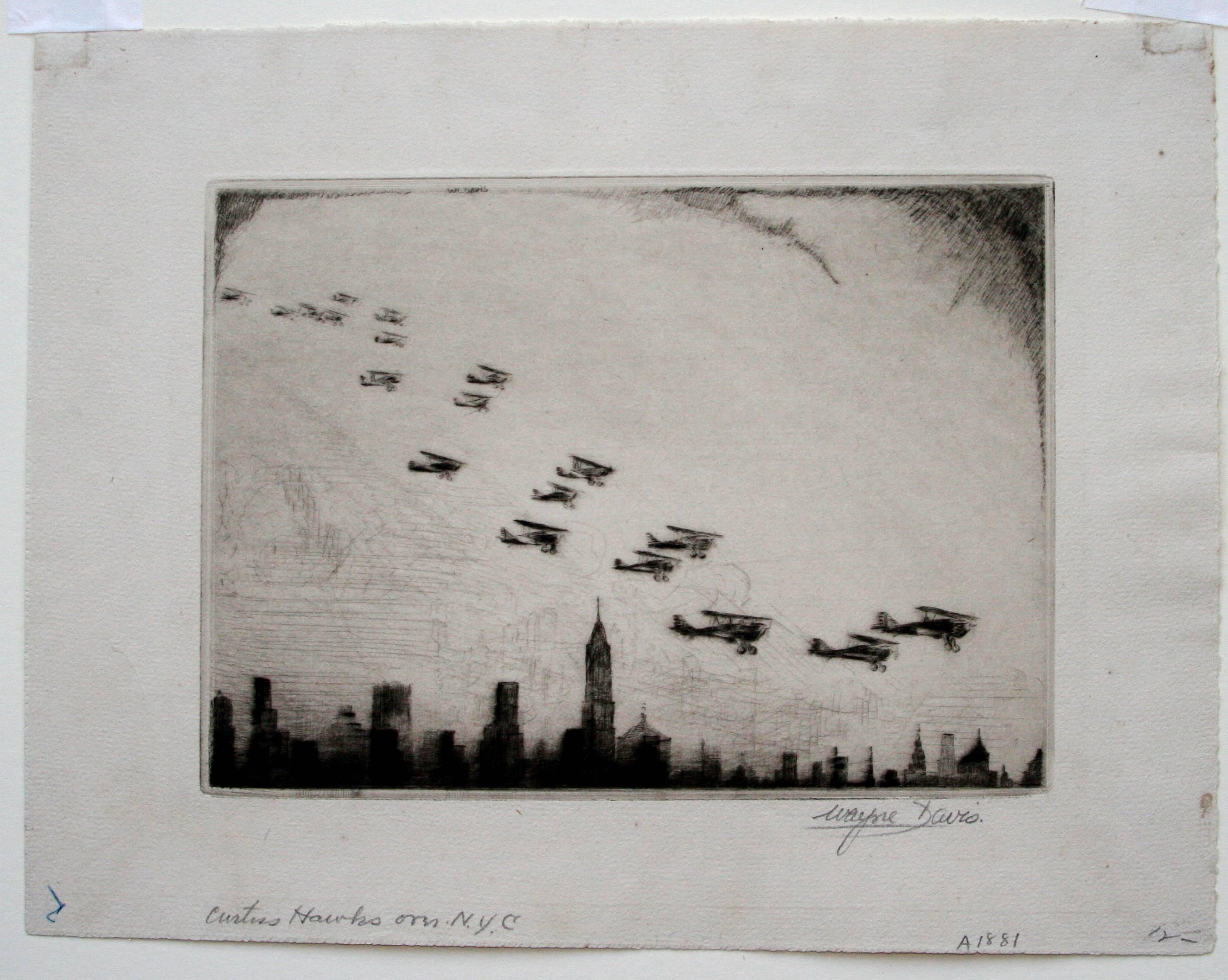Curtiss Hawkes over N.Y.C. - Print by Wayne Davis