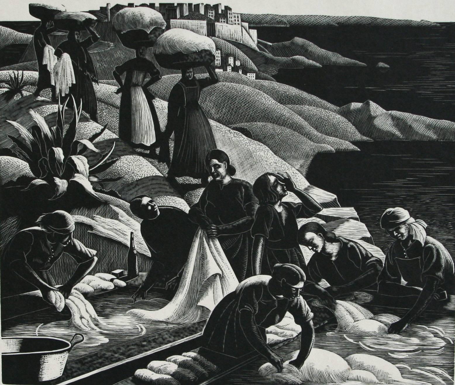 Clare Leighton Figurative Print - Corsican Washerwomen