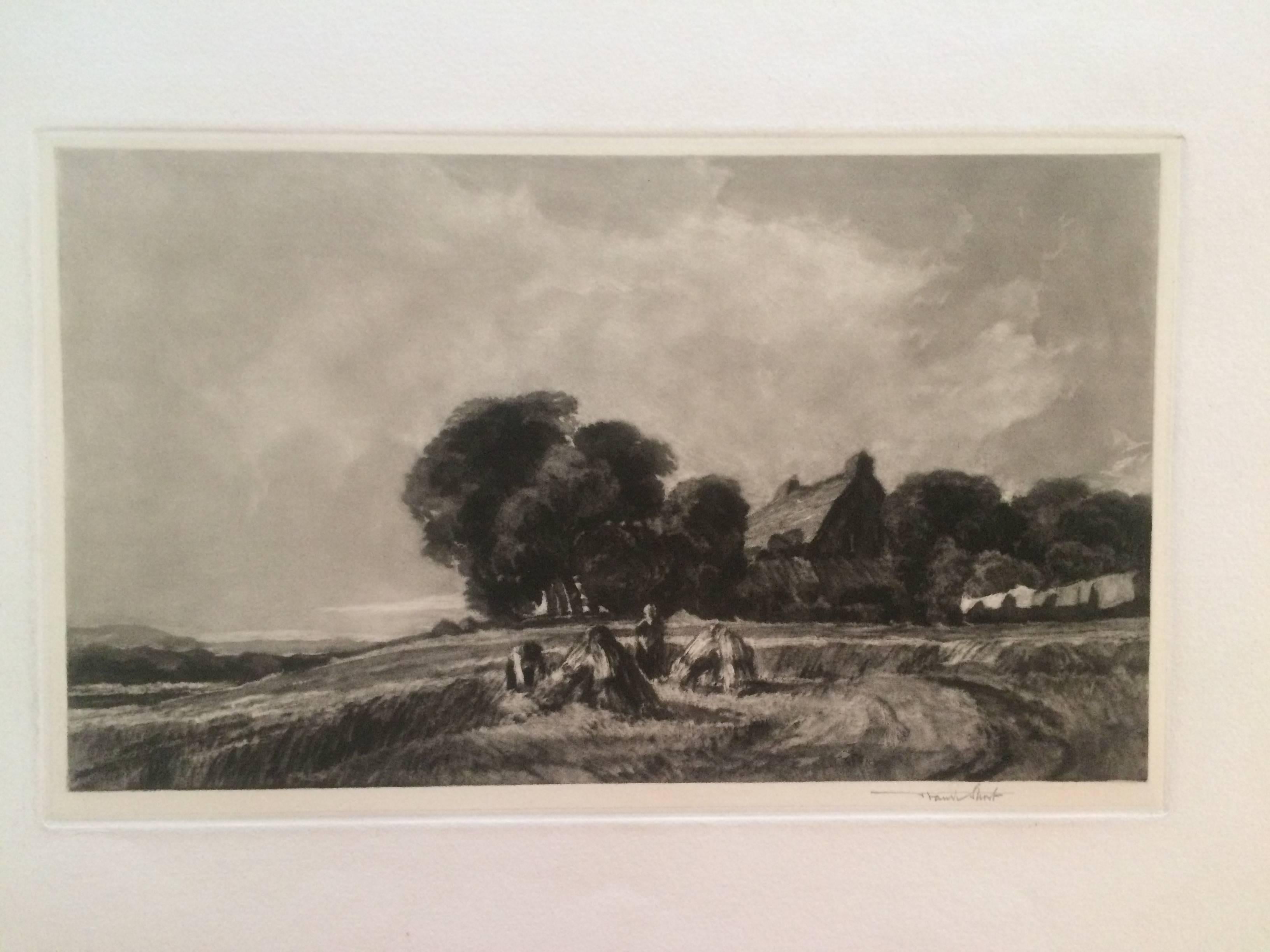 Sir Frank Short Figurative Print - Cottage and Harvesters