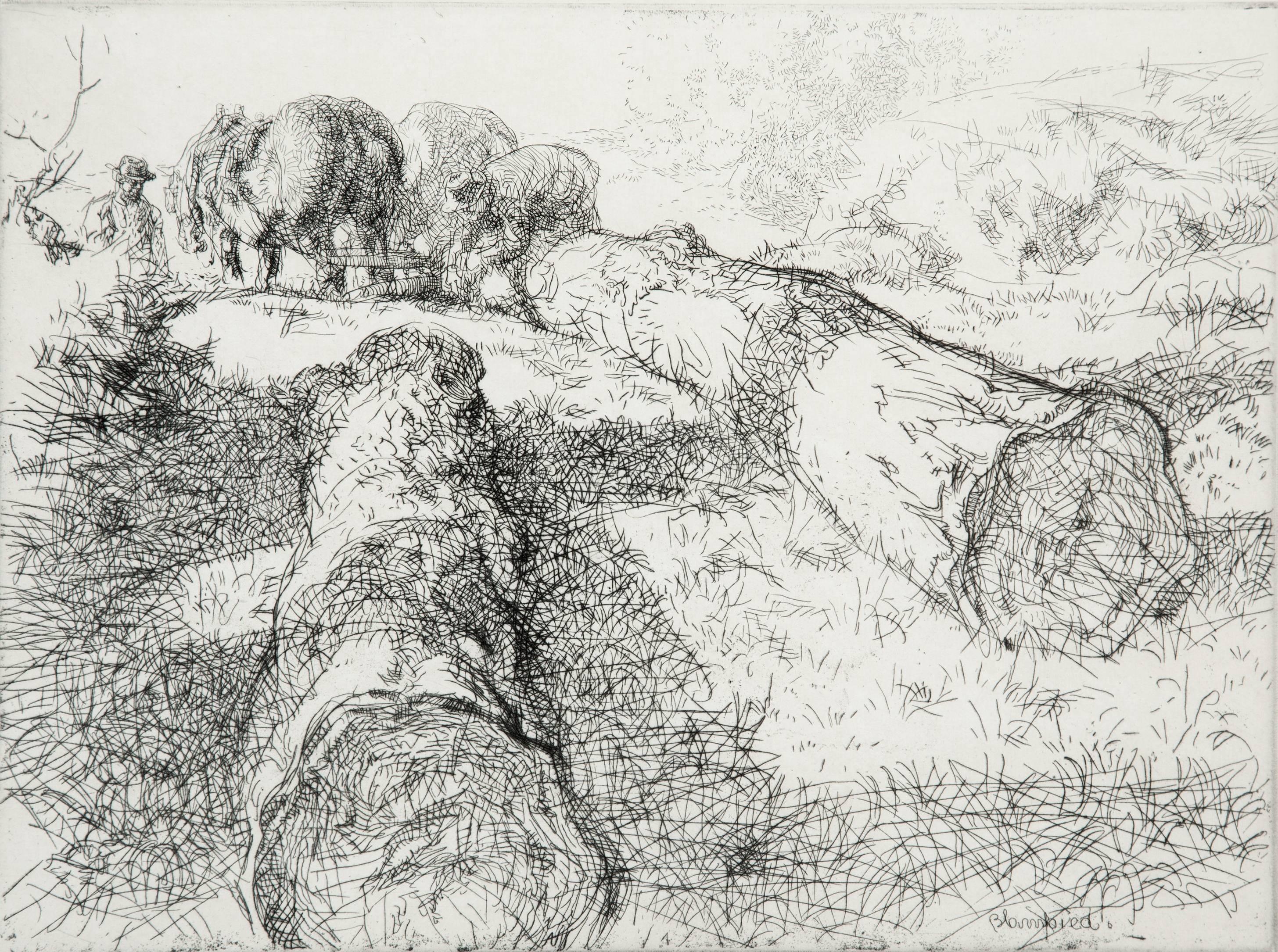 Edmund Blampied Landscape Print - Lumbermen.
