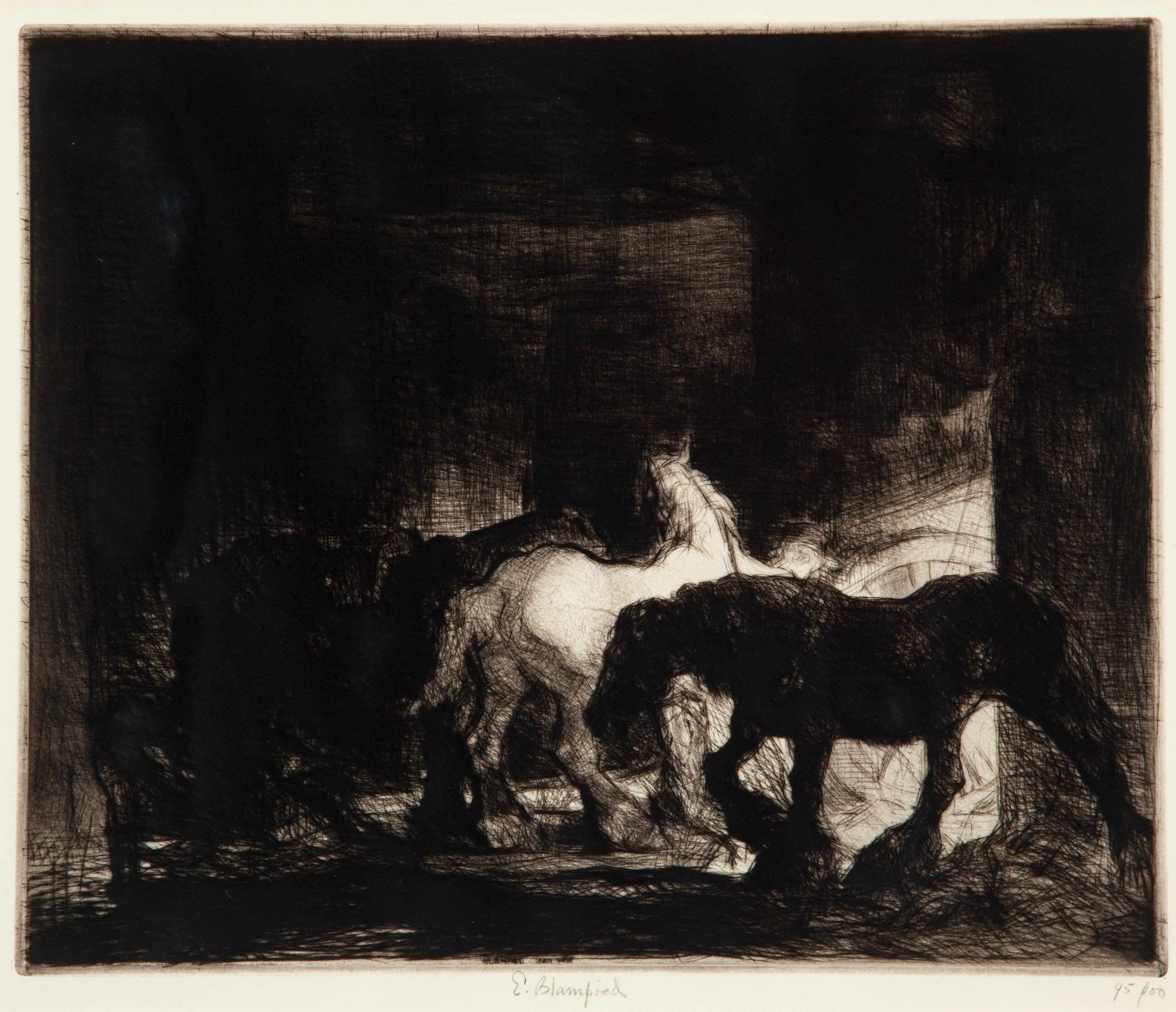 Edmund Blampied Animal Print - Night Time in a Stable.