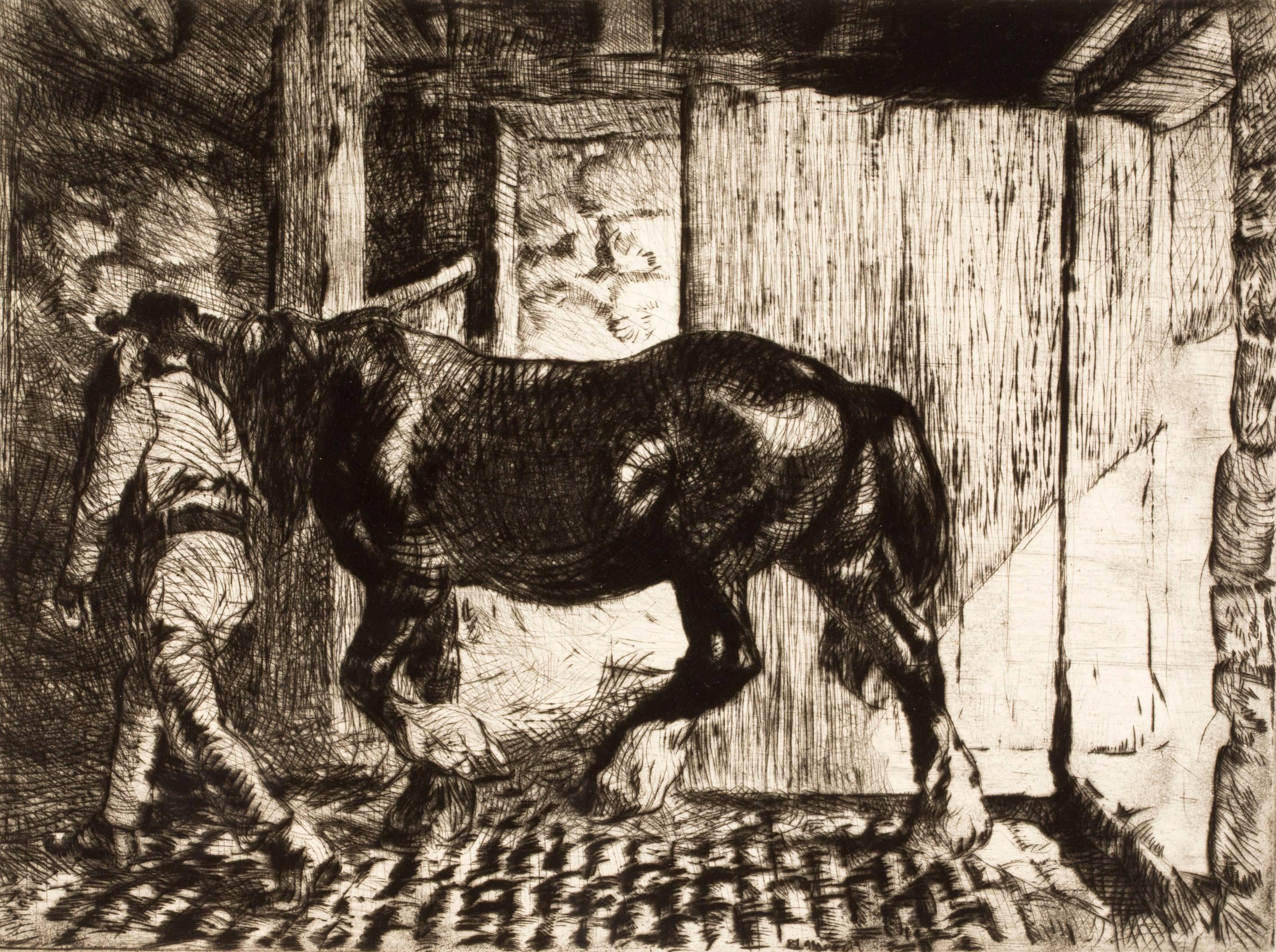 Edmund Blampied Animal Print – Rückkehr in den Stable.