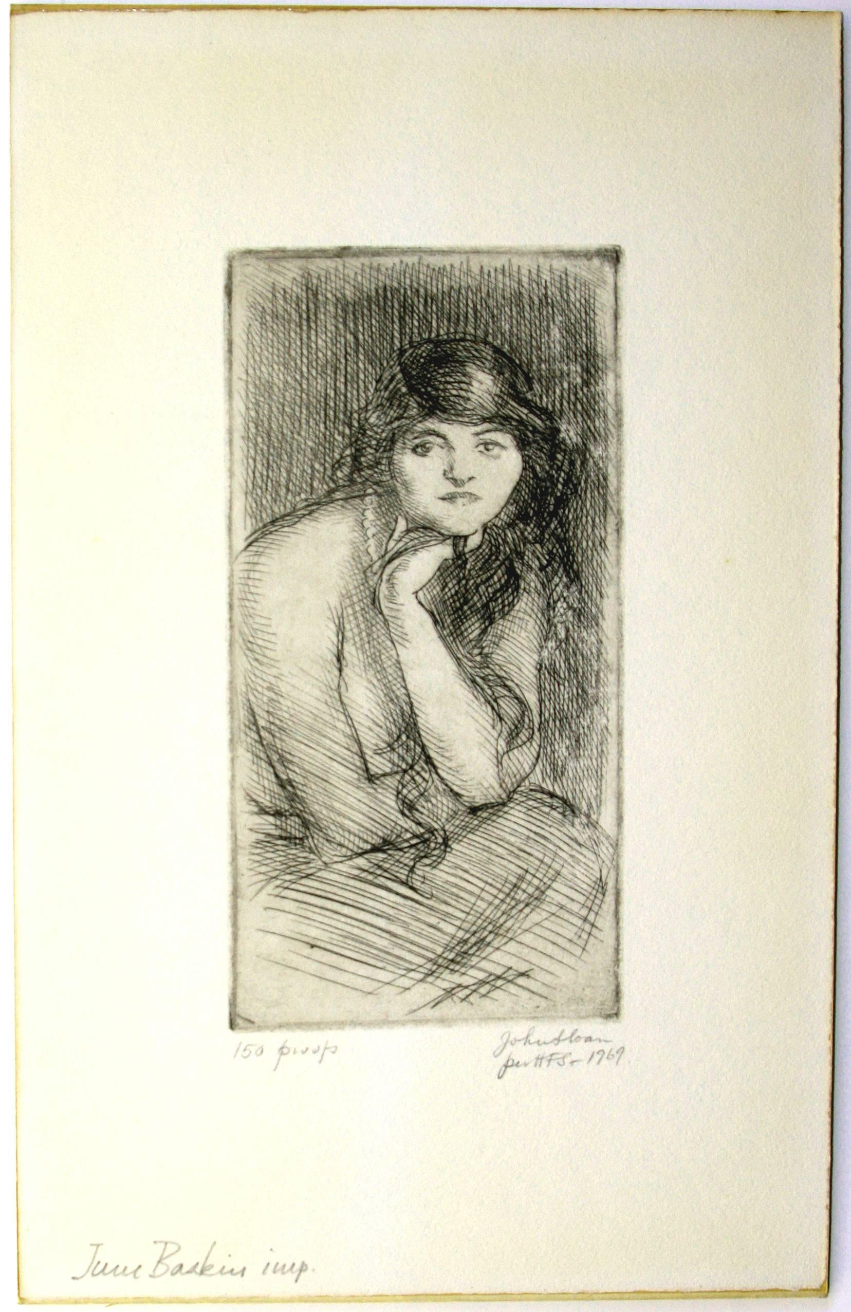 Woman with Hand to Her Chin - Brown Portrait Print by John Sloan