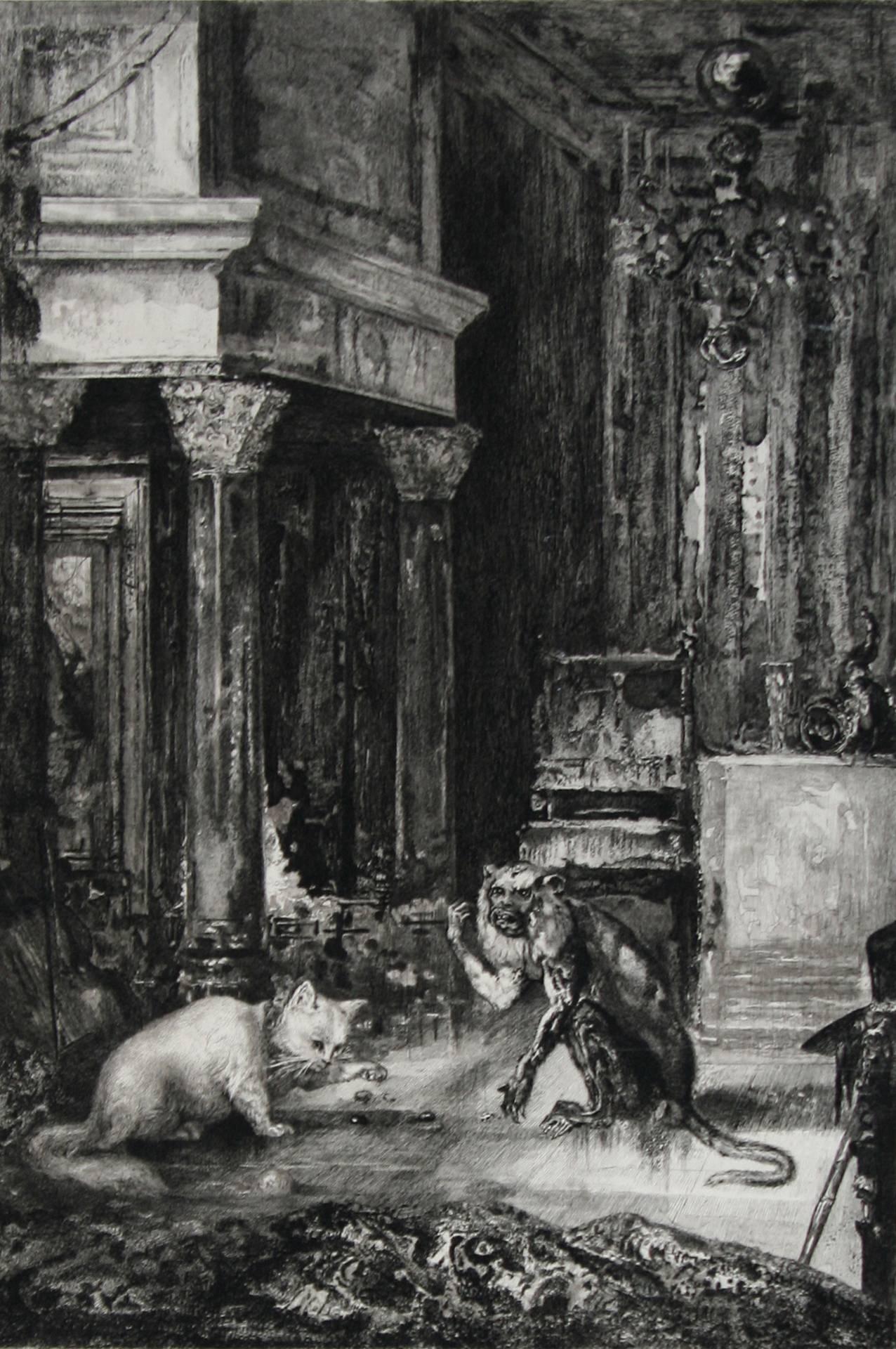 Félix Bracquemond Interior Print - Le singe et le chat (The Monkey and the Cat)
