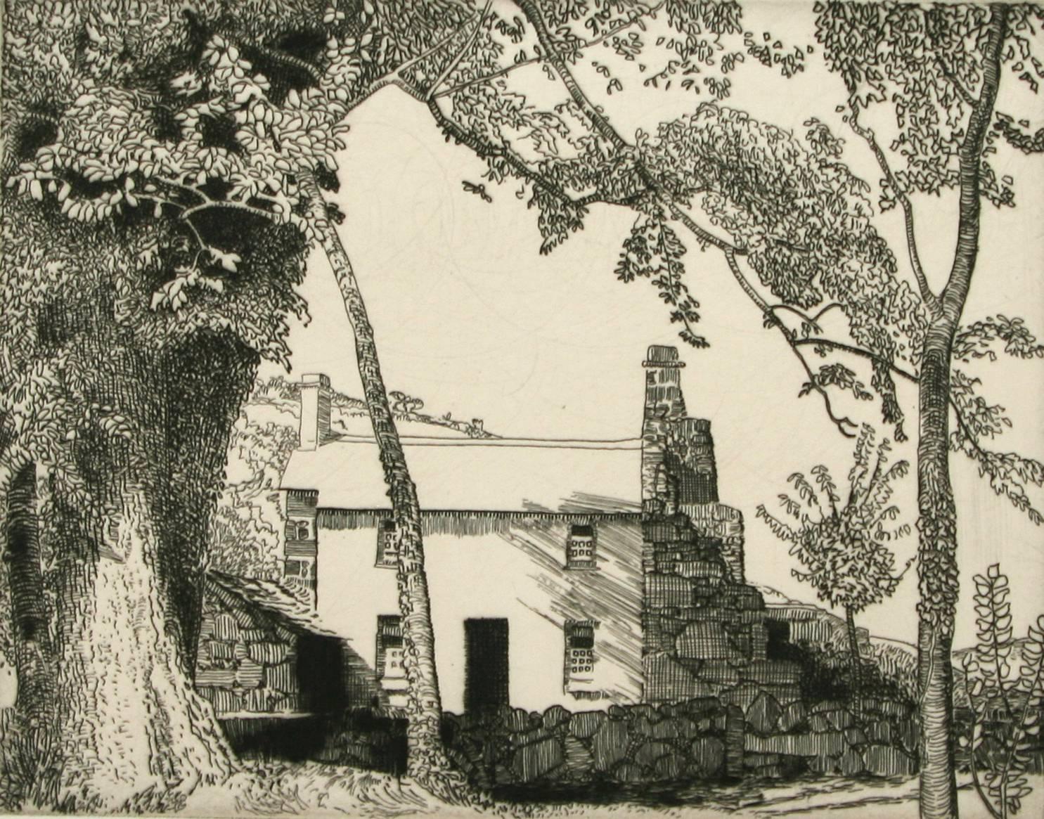 Eleanor Mary Hughes Abstract Print - Cottage and Stone Wall. 