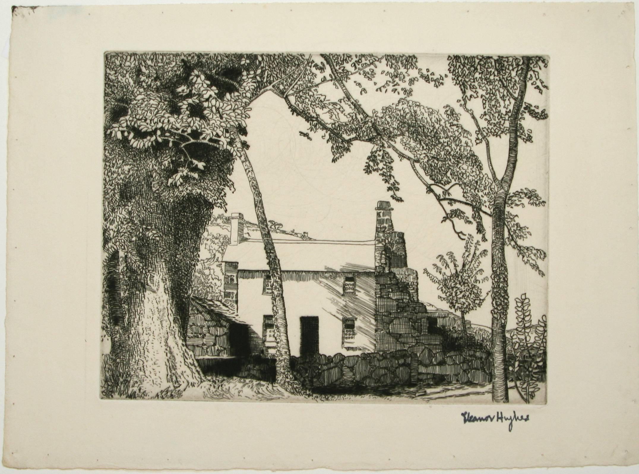 Cottage and Stone Wall.  - Print by Eleanor Mary Hughes